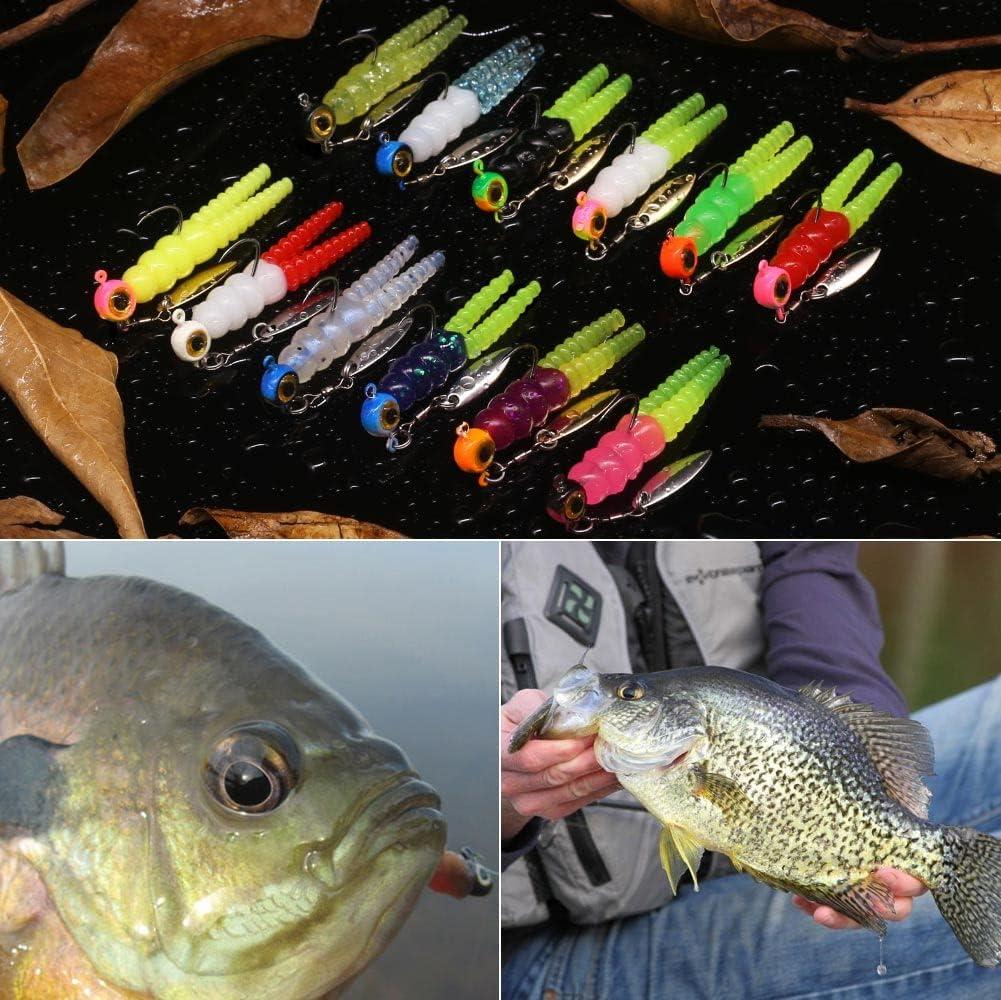 OROOTL Crappie Jigs Fishing Lures Kit Soft Grub Lures with Jig Heads Hooks Set Tube Bait Jigs Soft Fishing Lures Worm Baits Assortment for Crappie