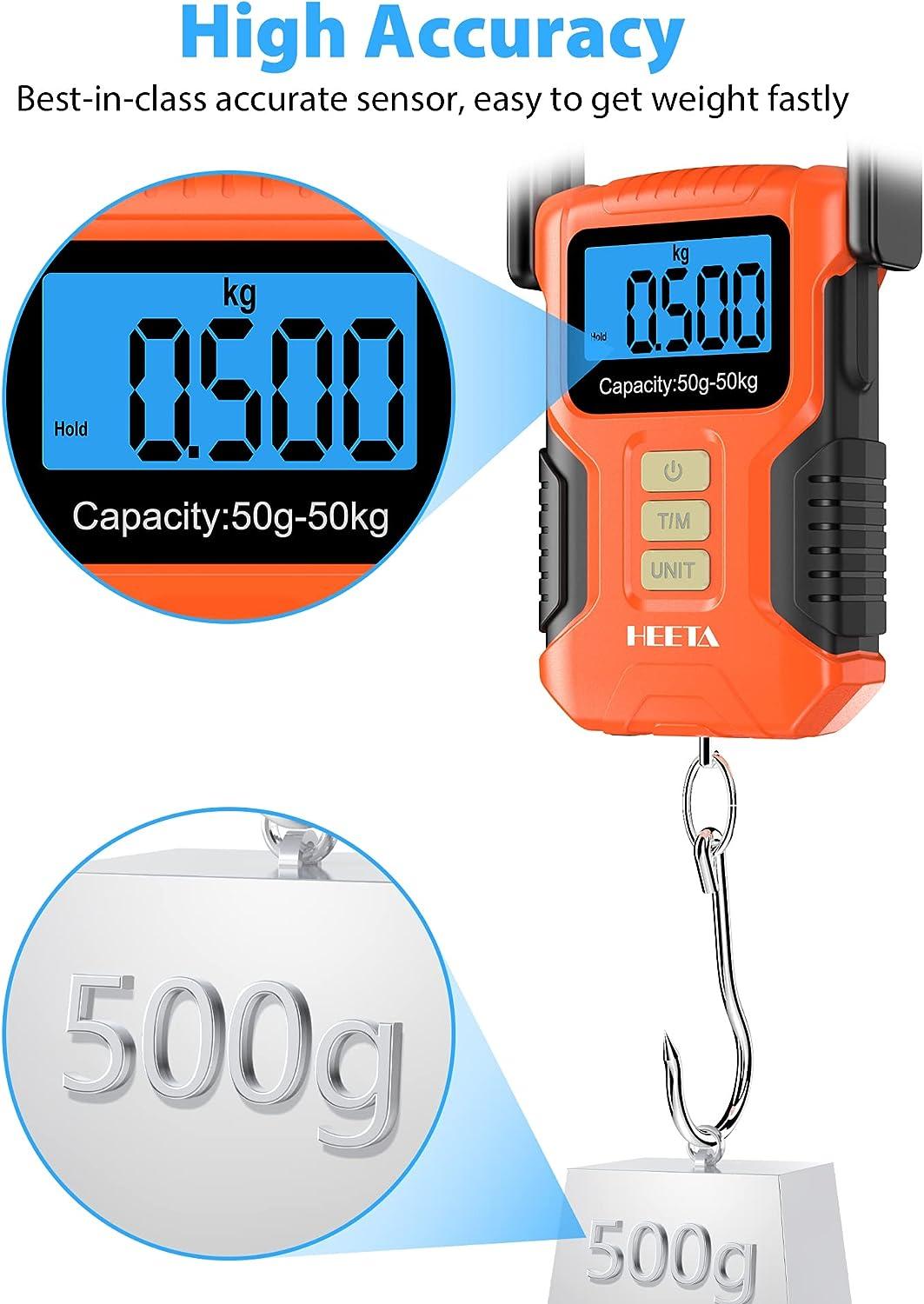 HEETA Waterproof Fishing Scale, Digital Fish Scale 110lb/50kg with Memory  Function, Portable Hanging Luggage Scale with Fluorescent Button, 40 Ruler, Backlit  LCD Display- Weight Scale Orange