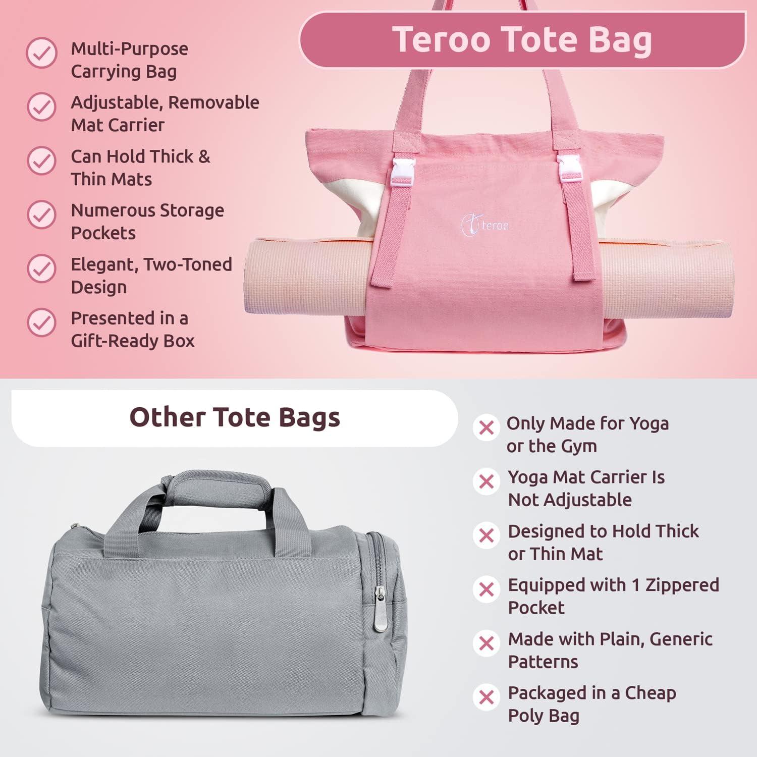 teroo Multi-Purpose Tote Bag for Women with Adjustable Mat Carrier for Yoga,  Beach, Travel, Casual, Office, And Everyday Use. Pinky Peach