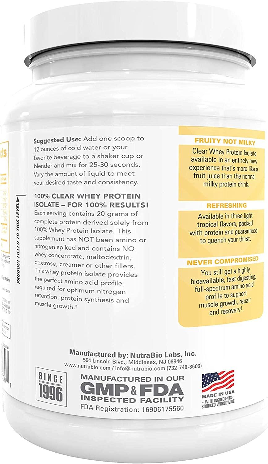 NutraBio Clear Whey Protein Isolate – Pure Whey Isolate for Men and Women,  Delicious Fruit Flavors – Non-GMO, Zero Lactose - Pineapple Splash, 20