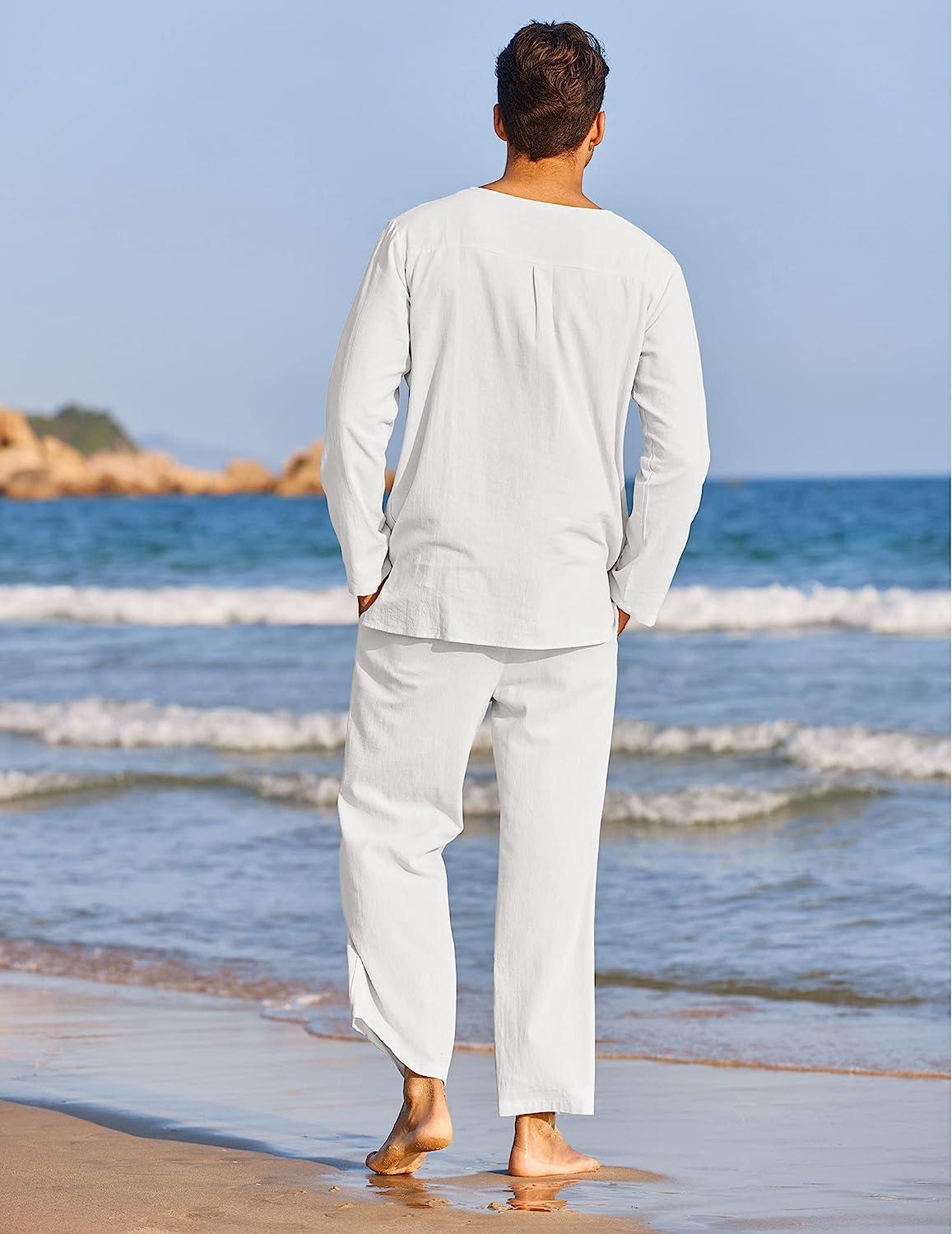 COOFANDY Men's 2 Pieces Cotton Linen Set Henley Shirt Long Sleeve and  Casual Beach Pants Summer Yoga Outfits 01-white Medium