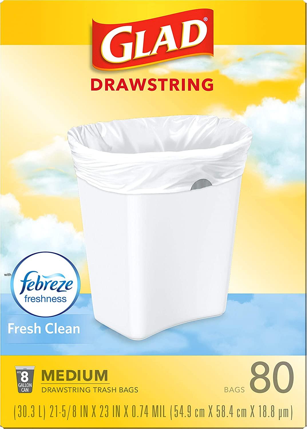  Glad Medium Drawstring Trash Bags, 8 Gallon, White, Gain  Original Scent with Febreze Freshness, 80 Count : Health & Household