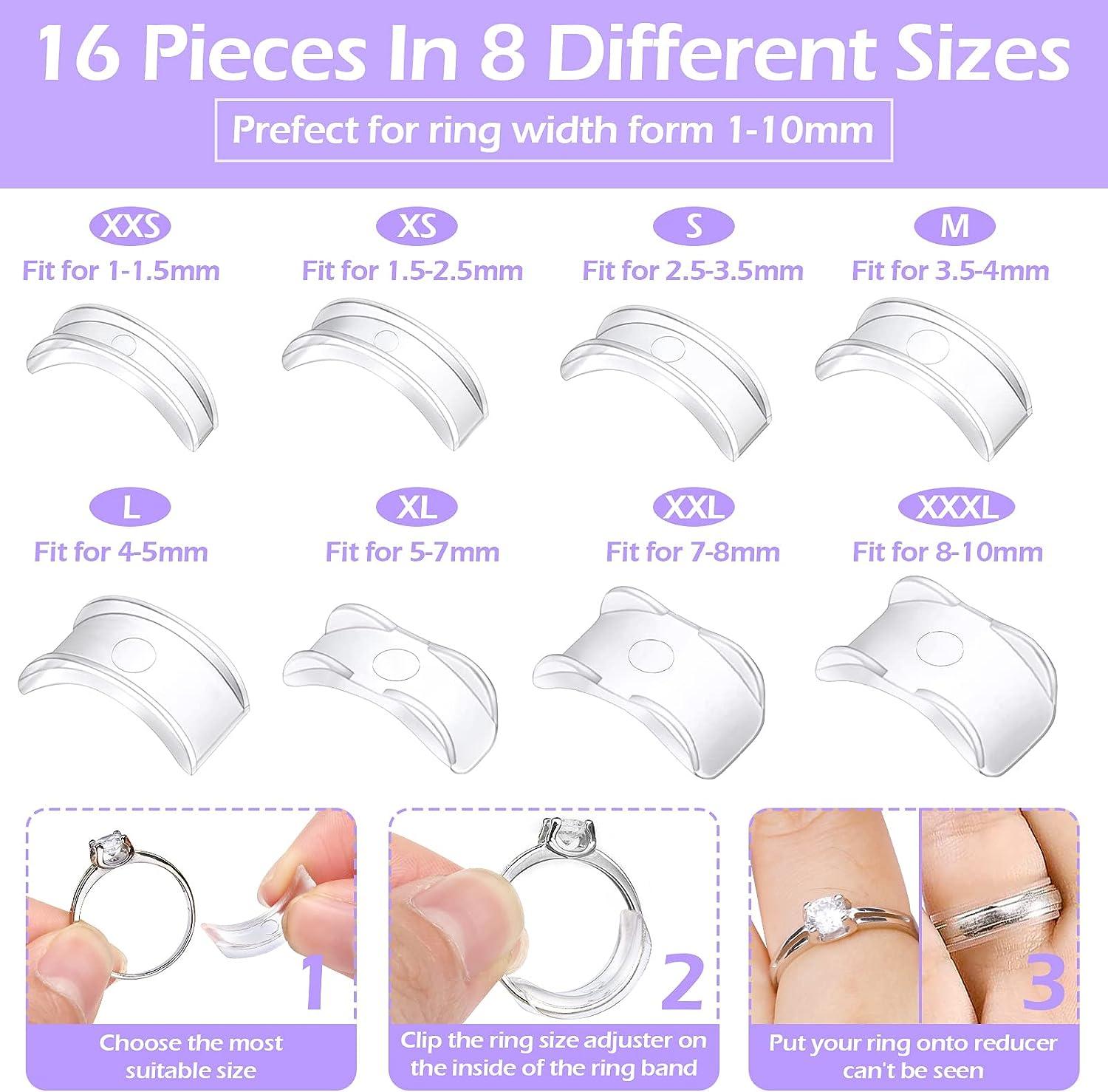 Ring Size Adjuster for Loose Rings, 4 Sizes Clear Ring Sizer Adjuster with  Polishing Cloth , Spiral Silicone Tightener Set, Invisible Ring Guards (12  Pack) 