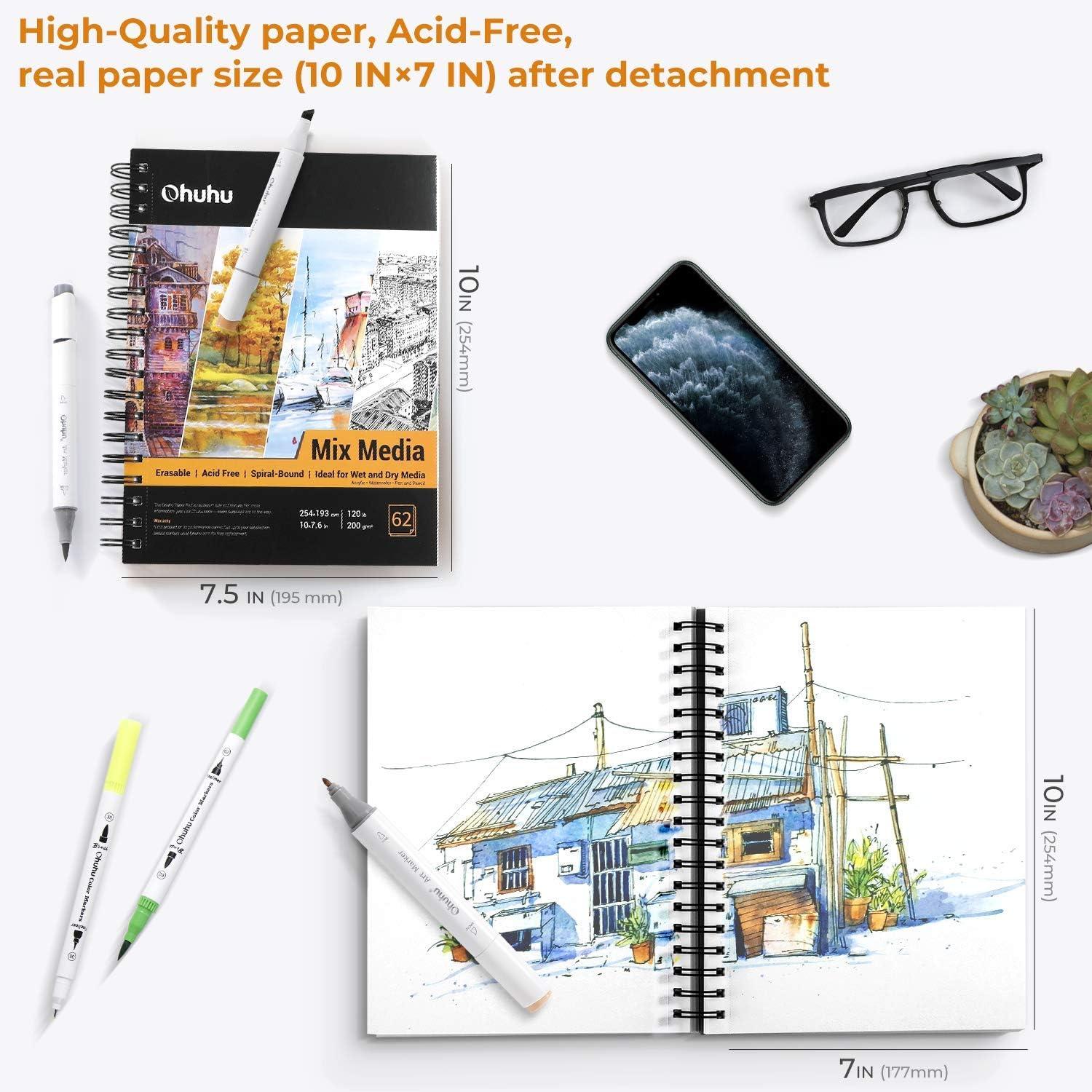 Mix Media Pad, Ohuhu 10x7.6 Mixed Media Art Sketchbook, 120 LB/200 GSM  Heavyweight Papers 62 Sheets/124 Pages, Spiral Bound Mixed Media Paper Pad  for Acrylic, Painting Christmas Gift 107.6IN