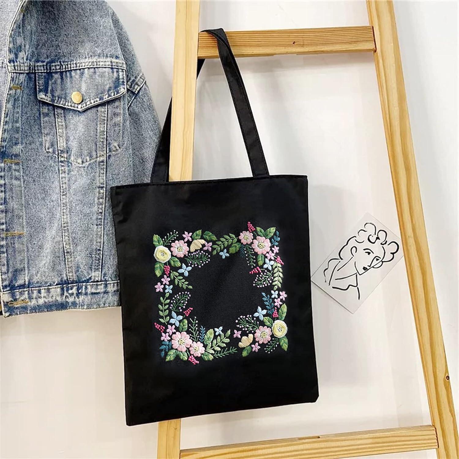 Black Canvas Tote Bag Embroidery Kit,Flowers Art Pattern,Cross Stitch Kits,  Including Stamped Embroidery Bag with Hoops,Needle, Instruction Manual and