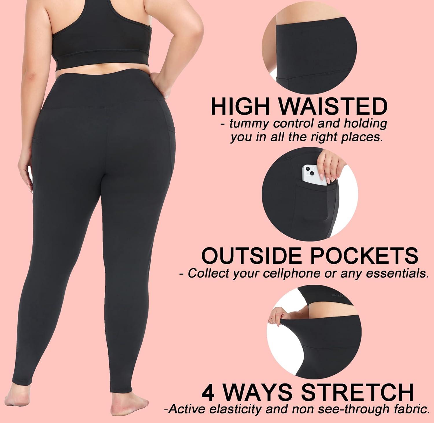 Plus Size Leggings with Pockets for Women, High Waisted Black Yoga Workout  Leggings 3X 4X