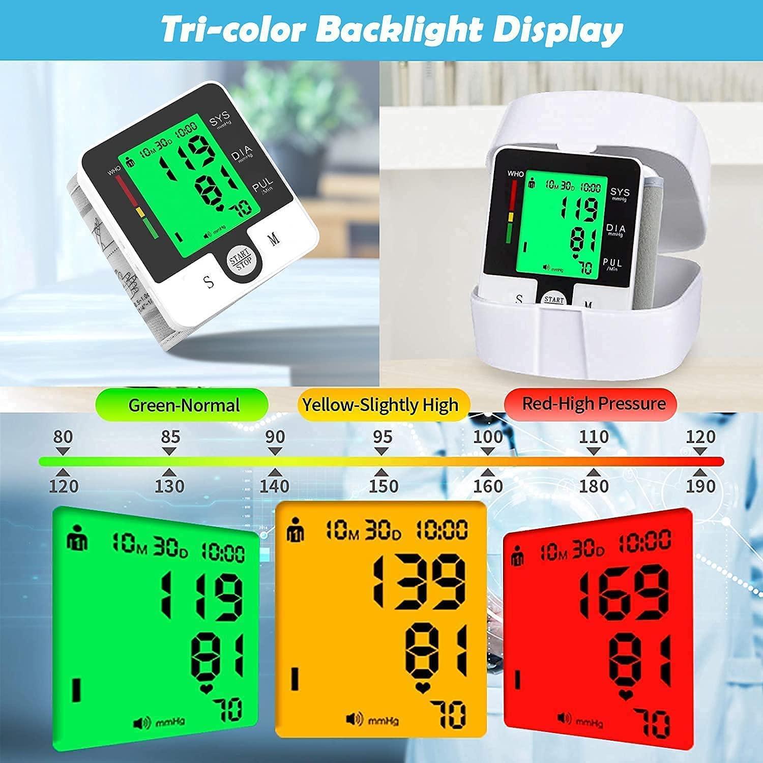 Blood Pressure Monitor, Automatic BP Machine Wrist Digital BP Cuff Large Tri Backlit Screen Rechargeable Pulse Rate Monitoring Meter Wrist Blood