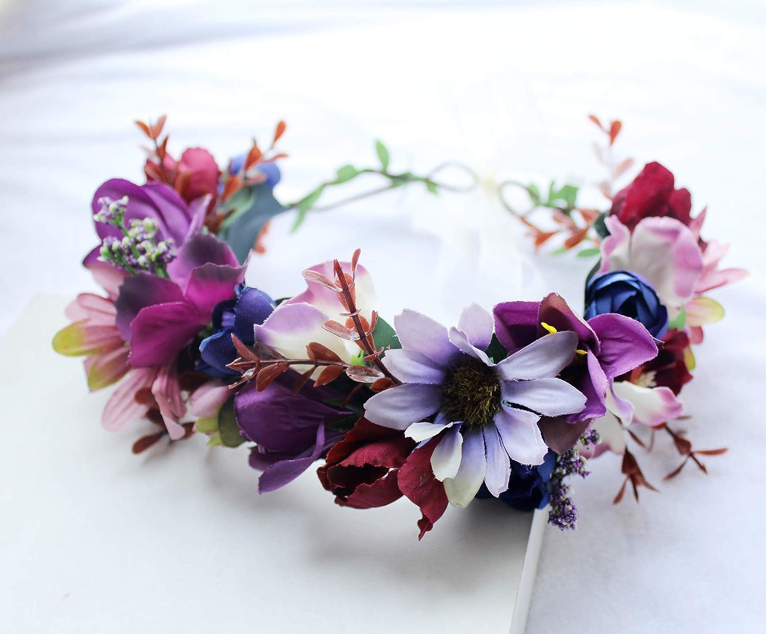 Handmade Flower Crown for Women Maternity PhotoShoot Floral Crown Headband  Hair Wreath Flower Garland Headpiece with Ribbon for Wedding Festival Party