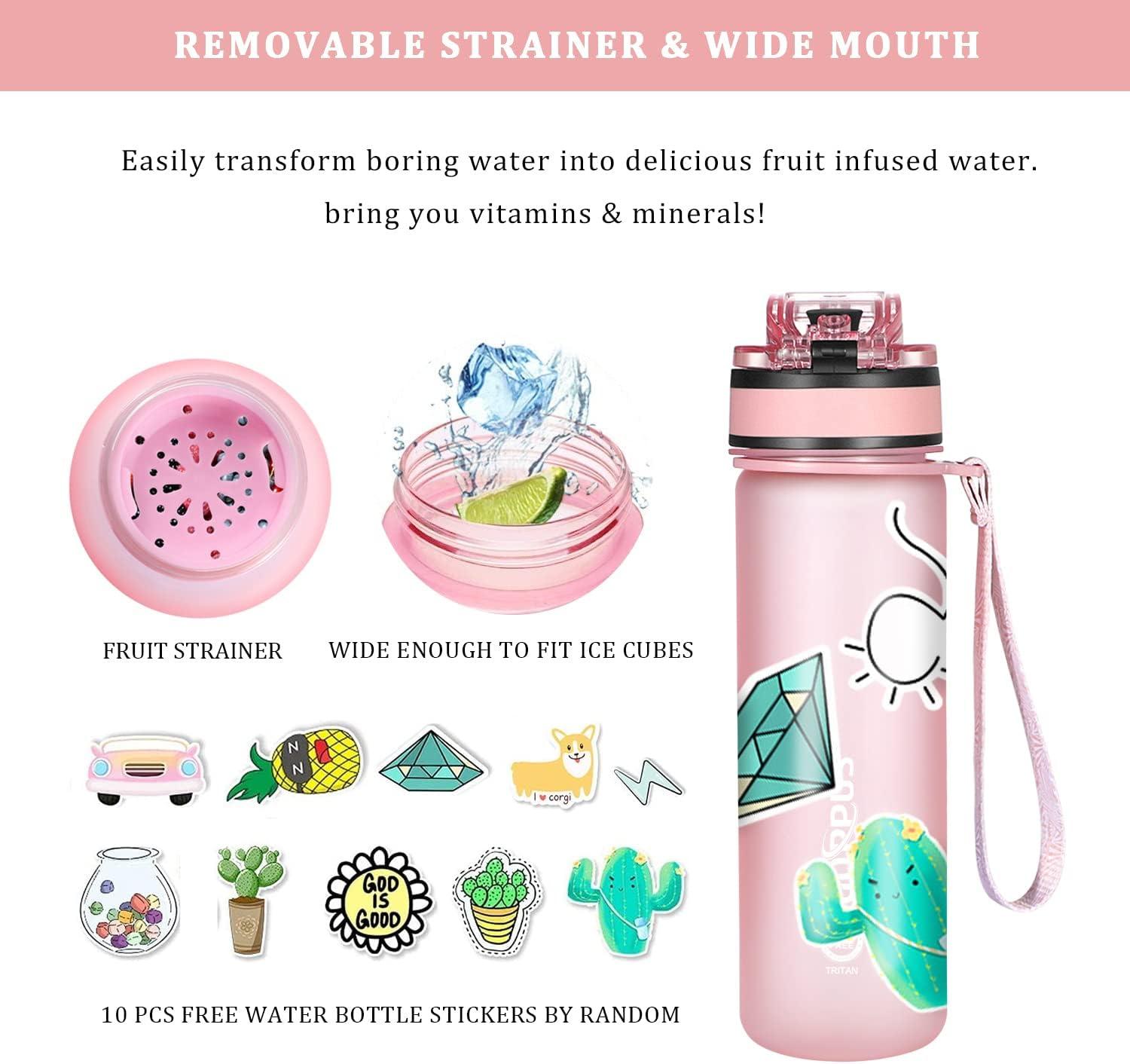 Kids Water Bottle 12 oz BPA Free Reusable Motivational Water Bottles with  Time Marker Straw/Chug 2 One-Click-Open Lids/10 Stickers/Fruit  Strainer/Measurements Leak-proof for Toddler Boys Girls School 
