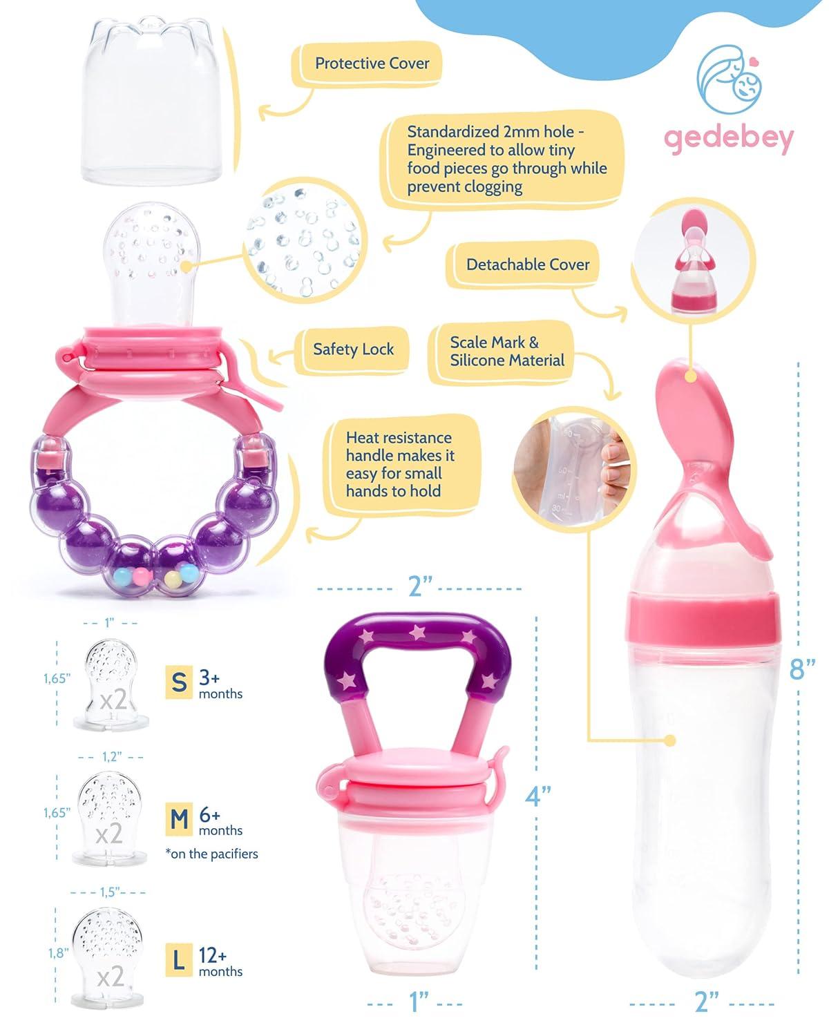 Gedebey Baby Food Feeder Pacifier Fruit- Fresh Silicone Bottle Squeeze Spoon Frozen Fruit Pacifiers Nibbler Cover Newborn with Meshes Sizes for Baby