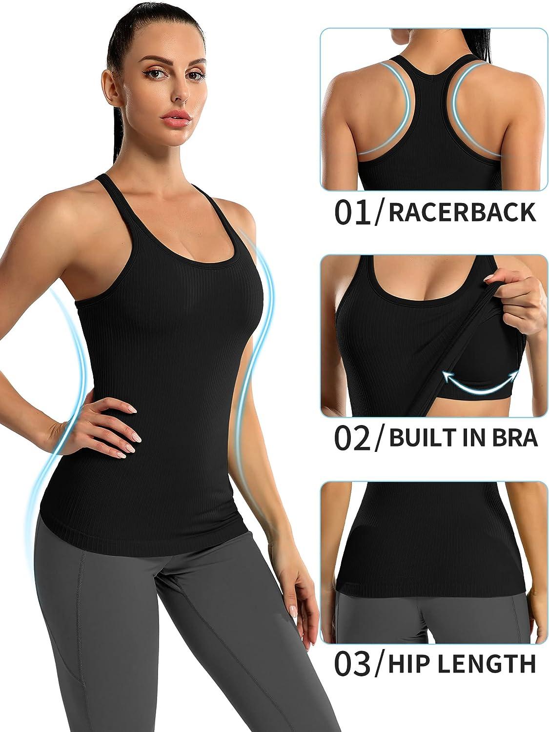 Ribbed Workout Tank Tops For Women With Built In Bra Tight Racerback Scoop  Neck