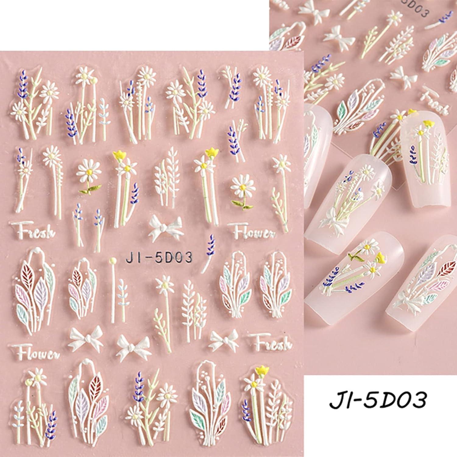 1 Sheet 5D Embossed Flowers Nail Stickers With Textured 3D Self