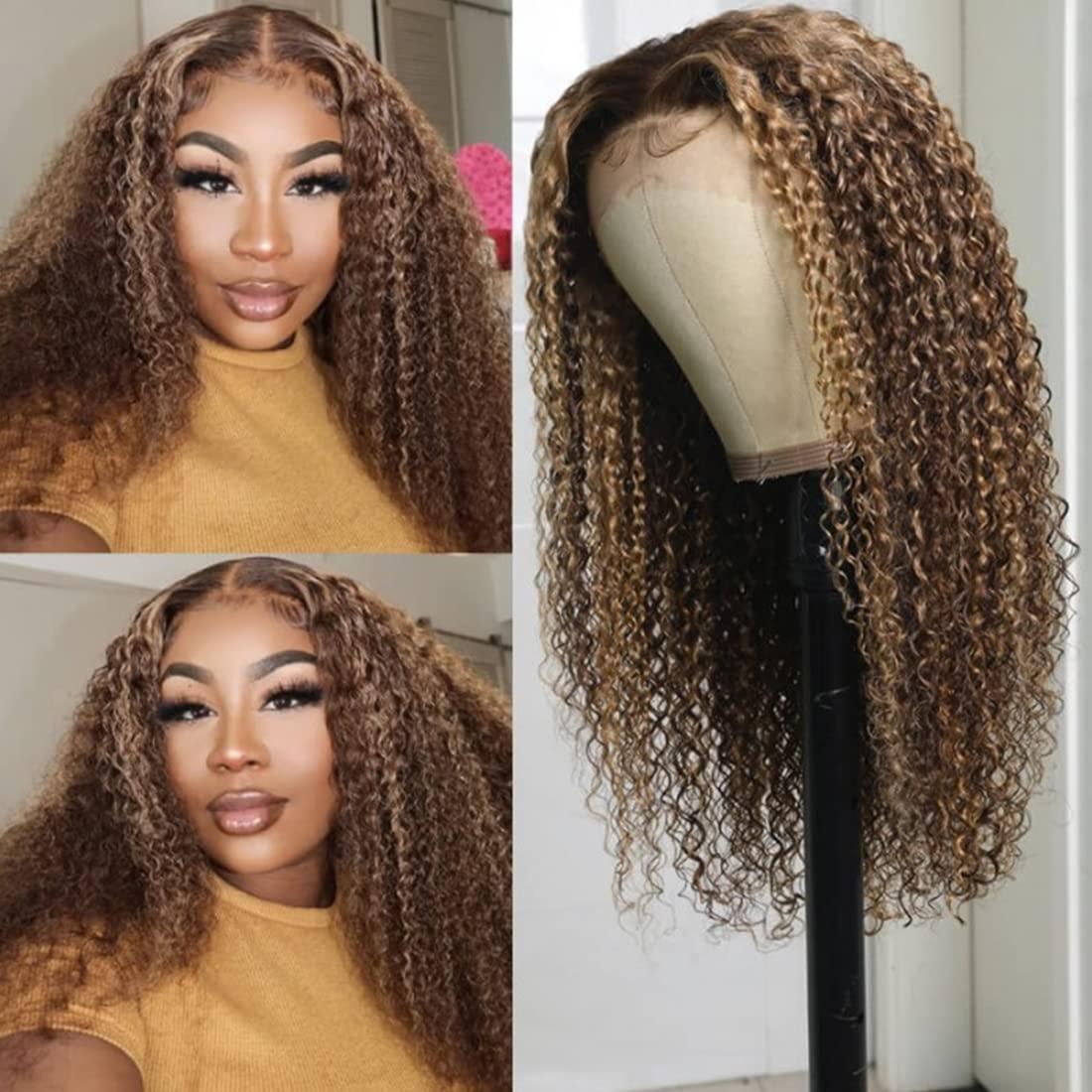 Nadula Highlight Brown Curly Lace Front Wigs Honey Blonde Highlight Human  Hair Wigs 150% Density TL412 Color