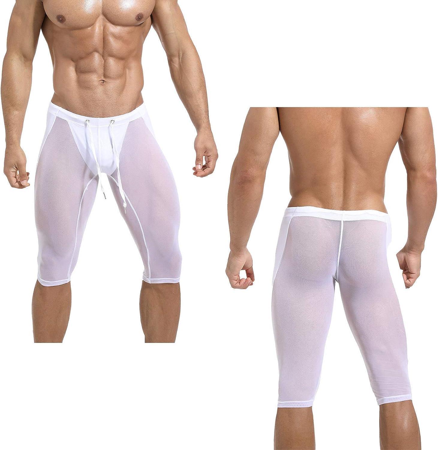 Doomiva Men's Mesh See Through Yoga Pants Compression Leggings Gym Fitness  Workout Drawstring Tights White B