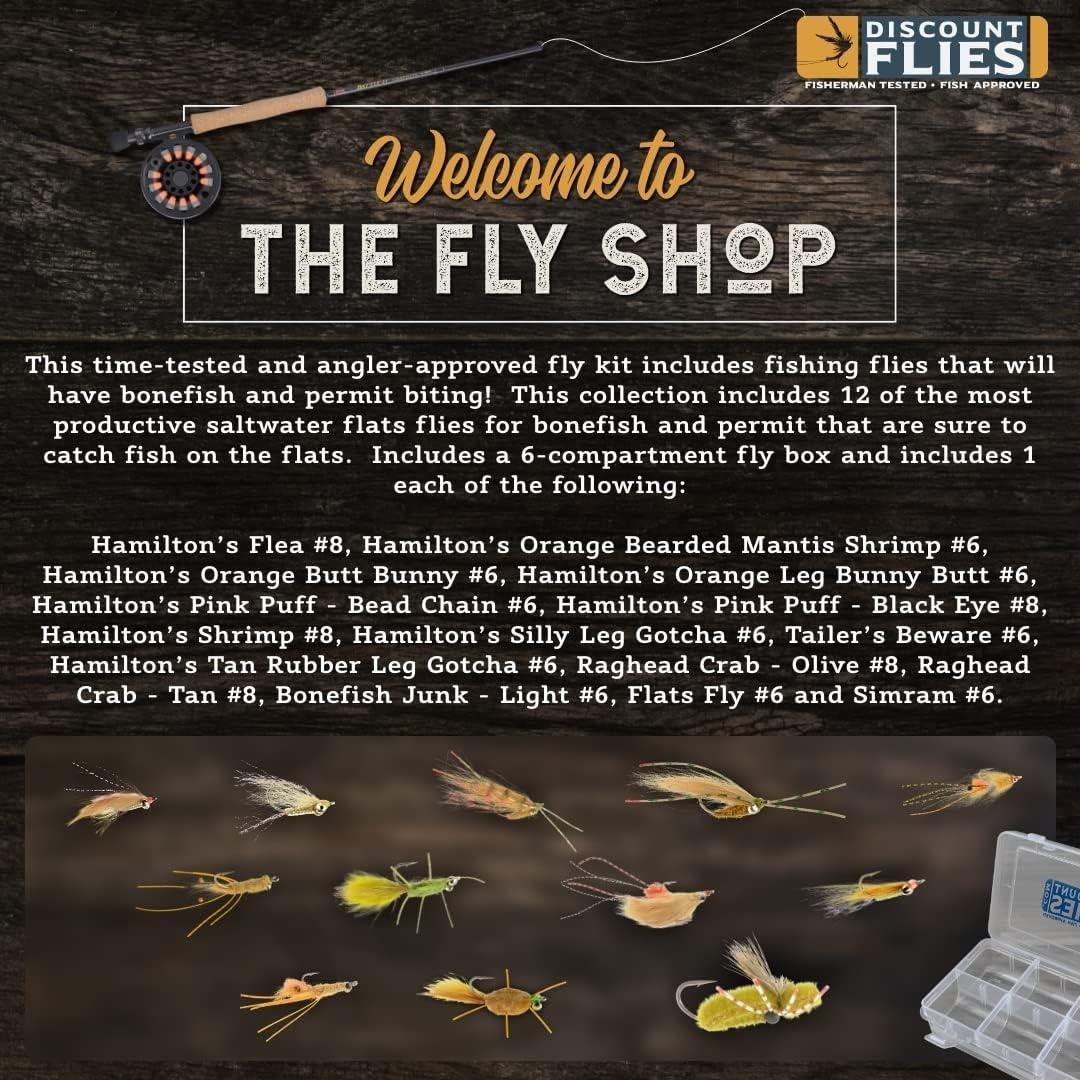 DiscountFlies Bonefish & Permit Fly Fishing Flies Saltwater Fishing Kit  w/12 Assorted Flies + Fly Box Realistic Fly Fishing Accessories Flies for  Fly Fishing on Strong Sharp Hooks (12 Pieces) 12 Pack