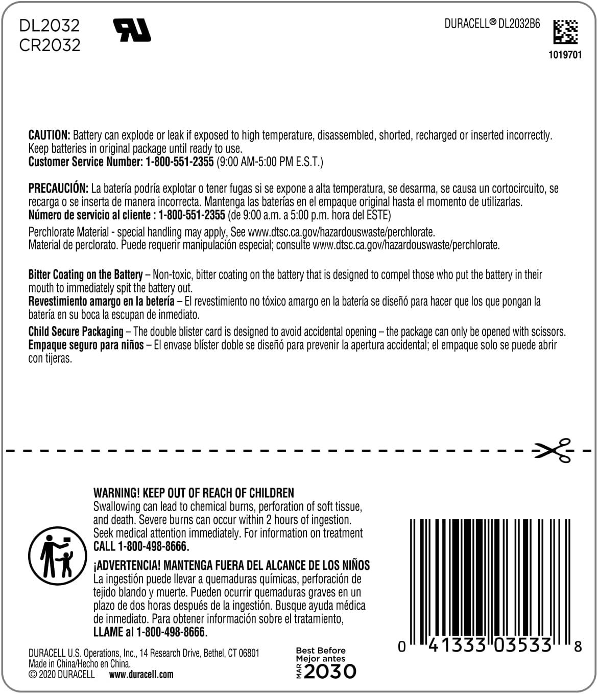 Duracell CR2032 3V Lithium Battery, Child Safety Features, 1 Count Pack,  Lithium Coin Battery for Key