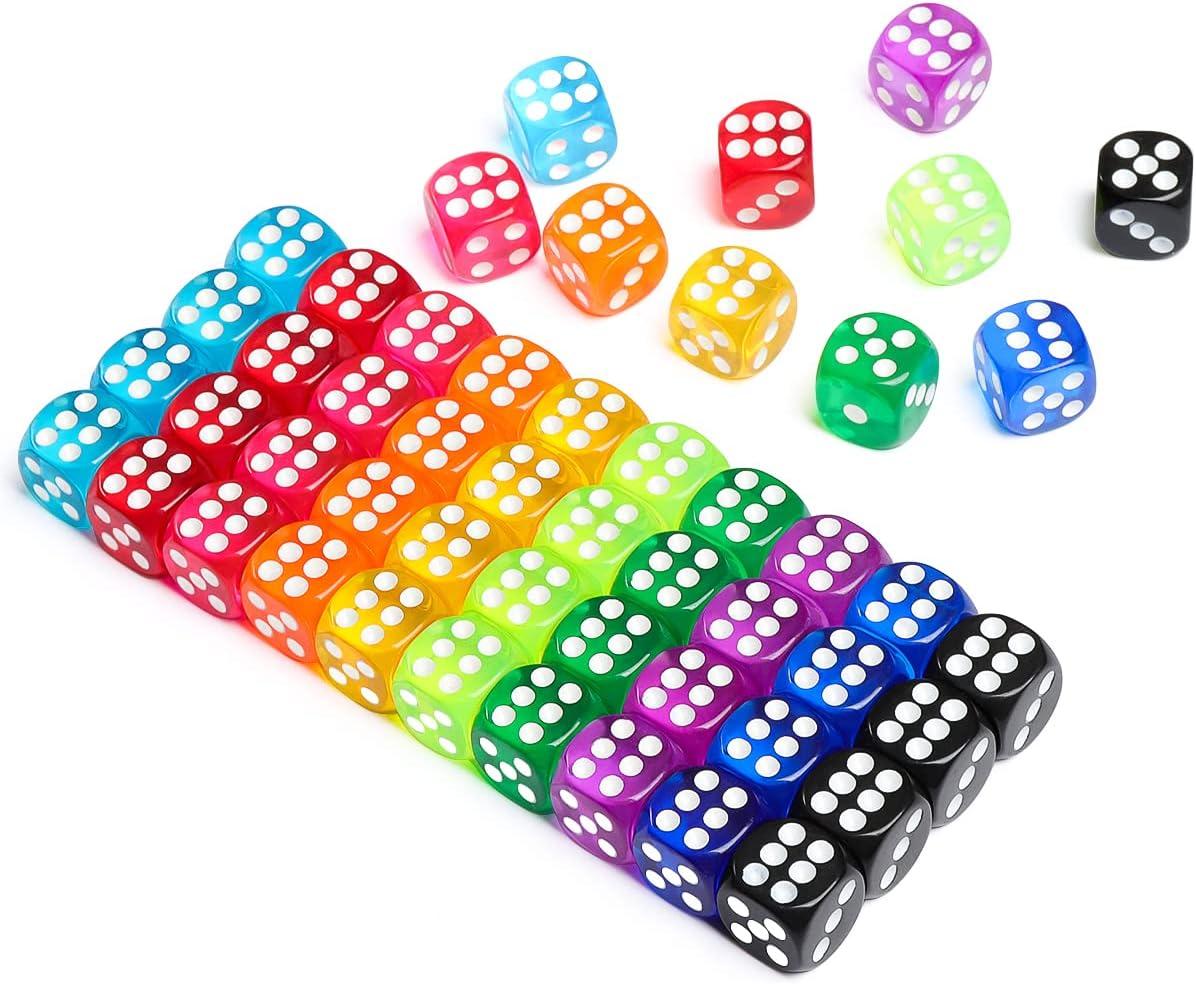  Riaaorr 50 Pieces 6 Sided Dice Set, 14MM Premium Translucent  Rounded Corners Colored Bulk Dice for Classroom Teaching, Board Games,  Dices Game (with Pouch) : Toys & Games