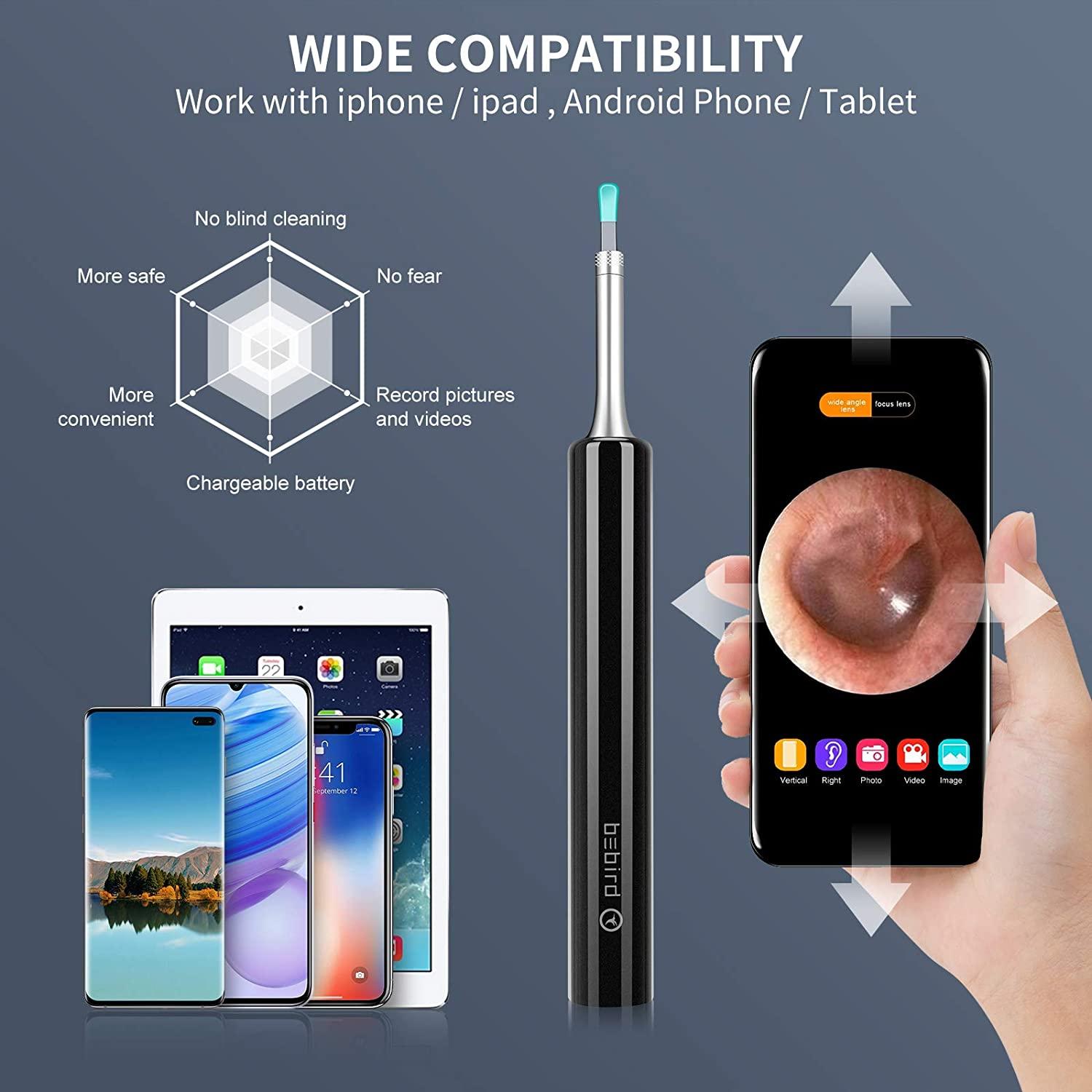  Ear Wax Removal, BEBIRD Ear Cleaner Camera, Ear Cleaning Kit  with 1080P FHD Wireless Wi-Fi Earwax Removal Kit 6 LED Lights,IP67  Waterproof Ear Camera Compatible with iPhone,iPad&Android Phones（Black） :  Health 