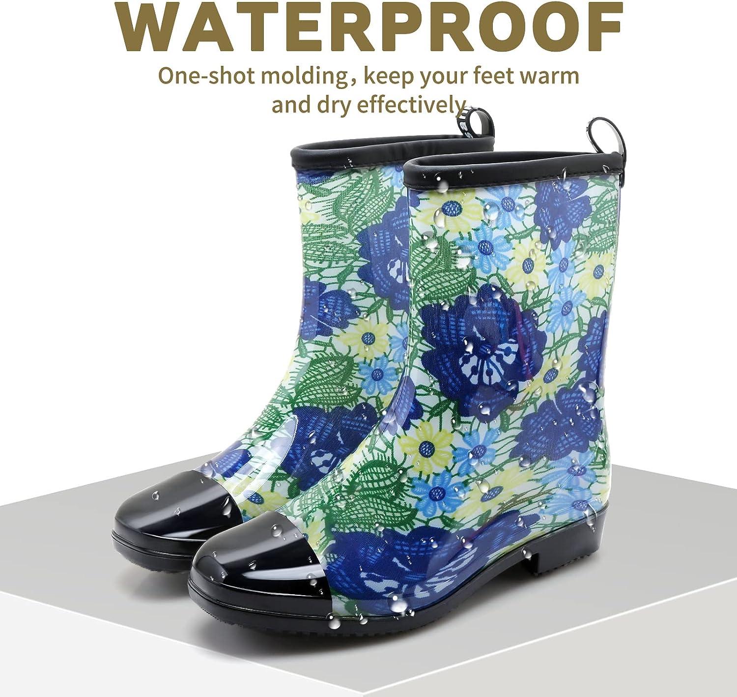 CKWLXQY Rain Boots for Women Waterproof Garden Boots Ladies Mid Calf Rubber Rain  Shoes Colorful Floral Printed Short Rainboots Wide Calf Work Boots for  Outdoor Gardening Fishing Farming 10 Blue