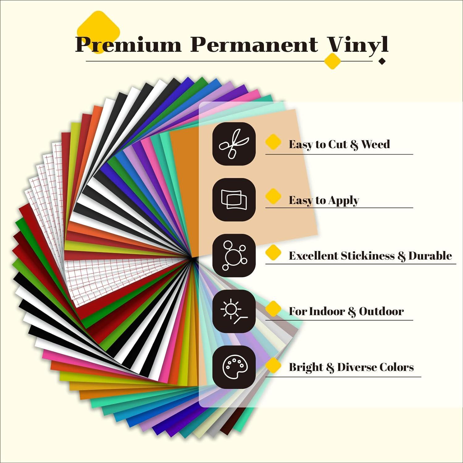 HTVRONT Permanent Vinyl for Cricut Machine-57 Pack 12 x 12 Permanent  Vinyl Bundle, 52 Adhesive Vinyl Sheets & 5 Transfer Tape for Vinyl Permanent