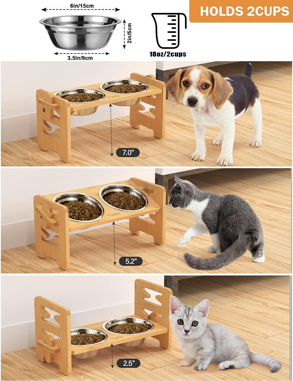 Adjustable Raised Dog Bowl for Small Dogs and Cats Durable Bamboo