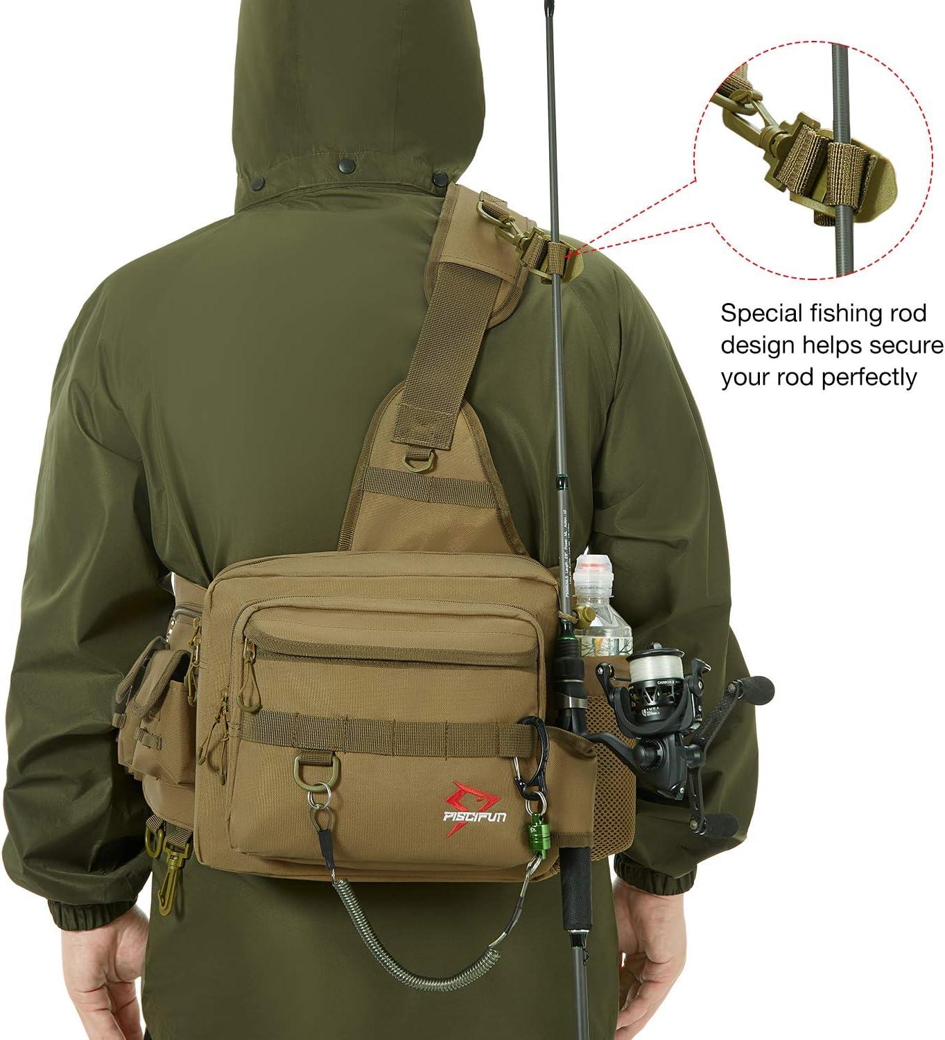 Piscifun Sling Fishing Tackle Bag, Outdoor Fishing Storage Pack, Water-Resistant Fishing Bag Cross Body Sling Bag Camouflage, Green
