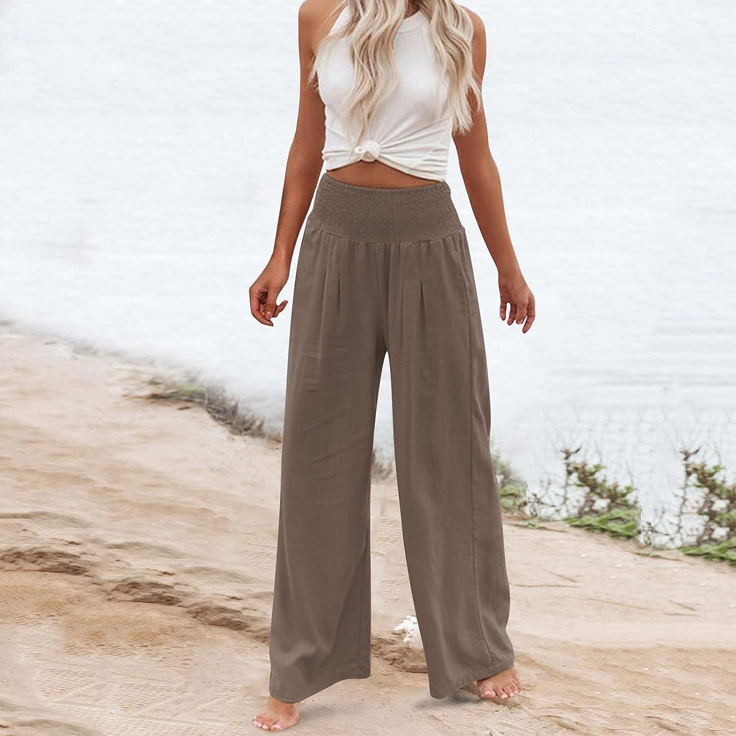 Womens Linen Pants Tall Summer Loose Fit Linen Trousers Elastic Waist Flowy  Casual Beach Pants with Pockets