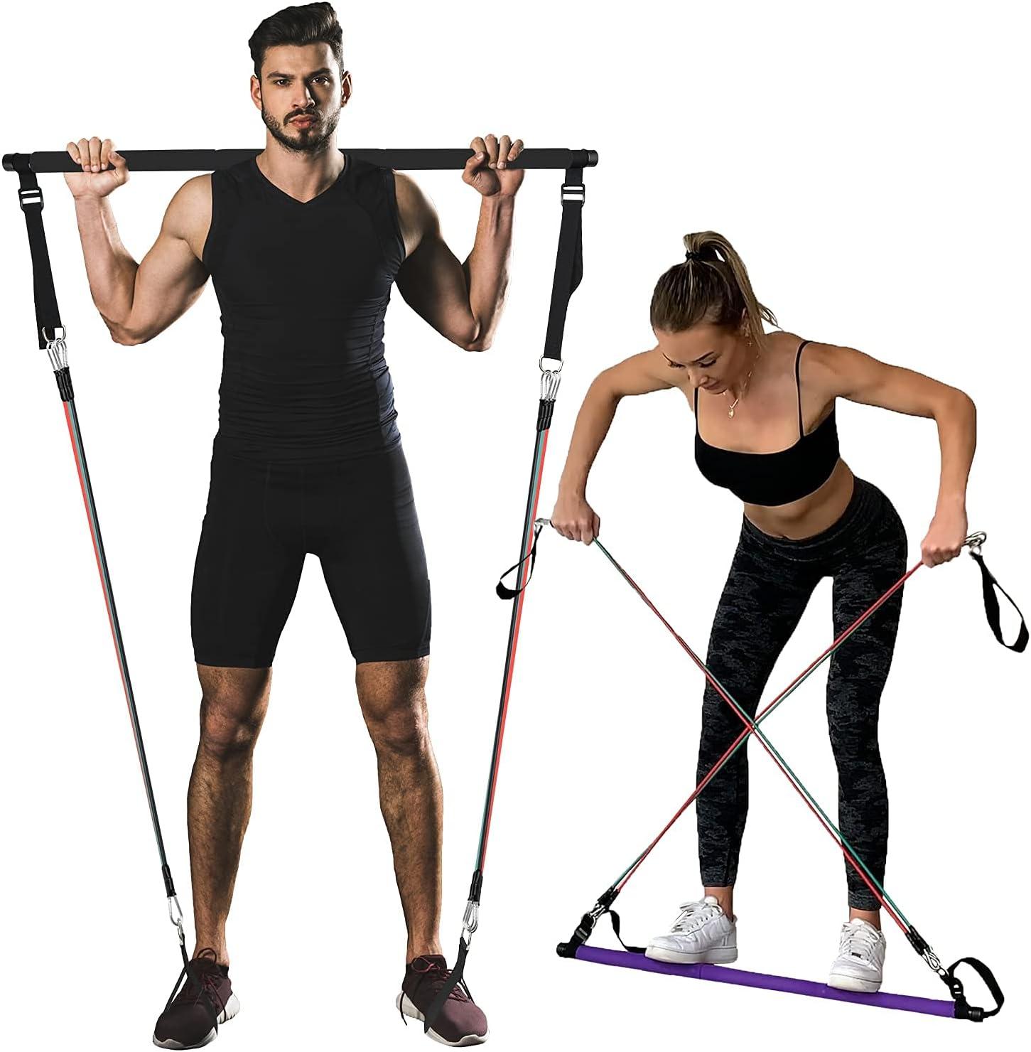 Goocrun Portable Pilates Bar Kit with Resistance Bands for Men and Women -  3 Set Exercise Bands (15, 20, 30 LB) - Home Gym， Workout Kit for Body  Toning – with Fitness