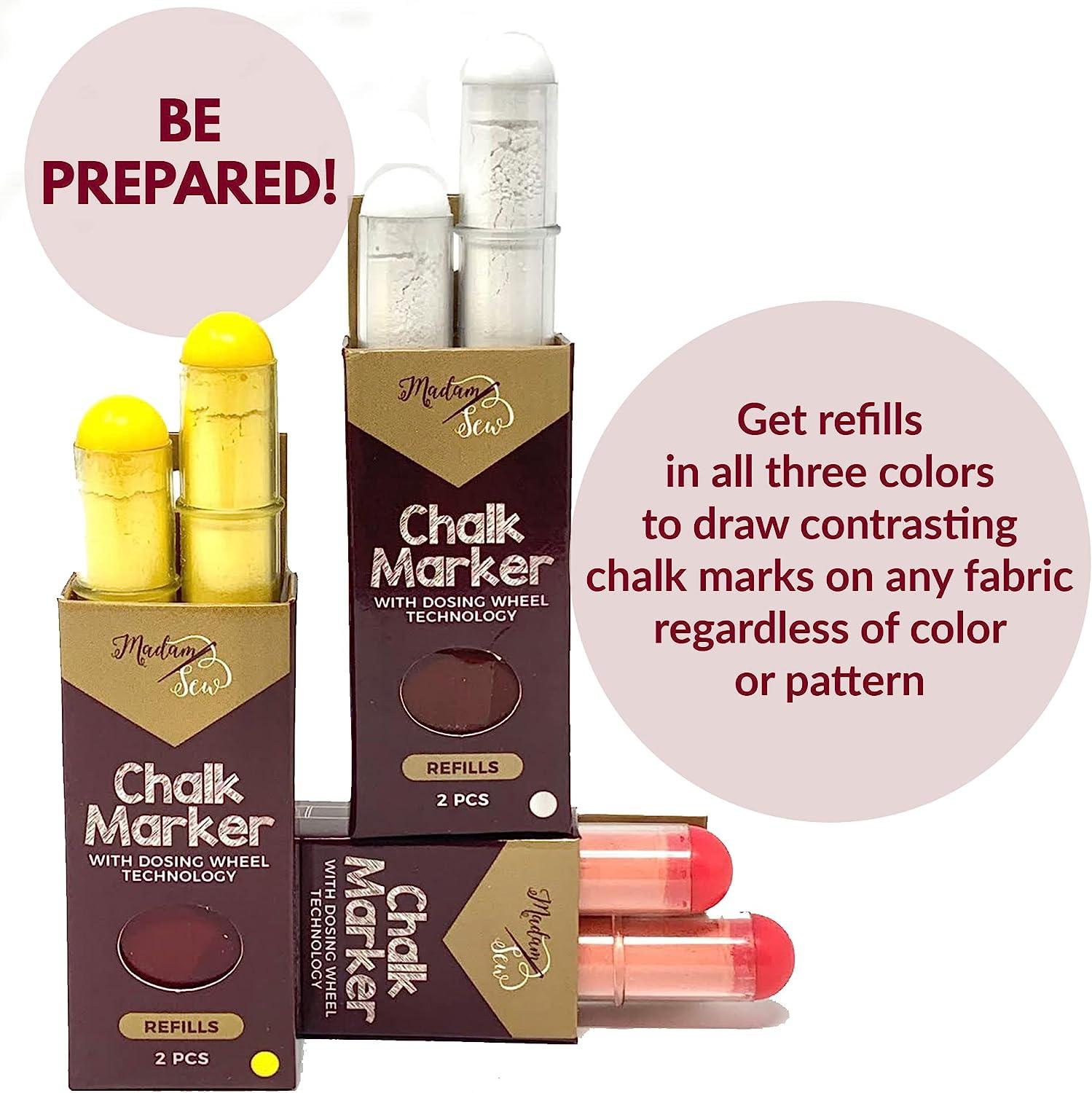 Madam Sew Chalk Fabric Marker for Sewing, Quilting & Crafting | Yellow |  Tailors Liner Pen Creates Consistent Erasable Lines with Dosing Wheel