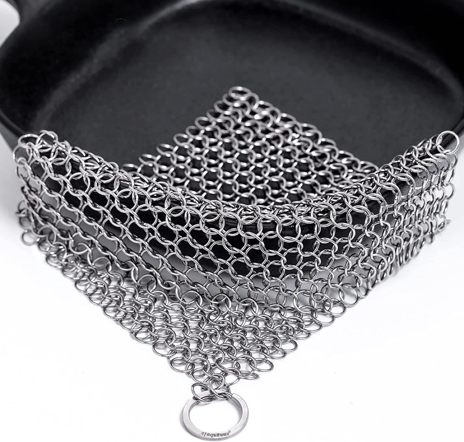 Comfortable Cast Iron Scrubber Chainmail,Upgraded Cast Iron Cleaner with  Scouring Cloth,316L Chain Mail Link Scrubber Cast Iron Scraper Cleaning  Tool