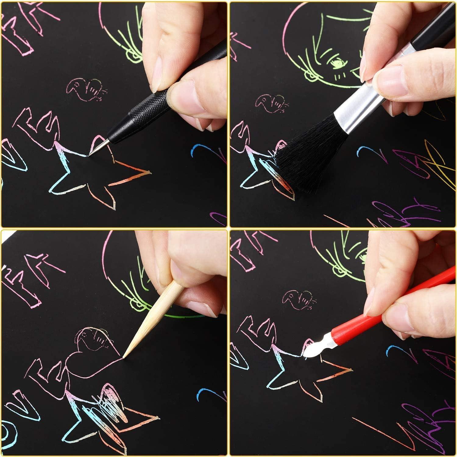 Scratch Art Tools, 9 Pcs Scratching Drawing Tools Set: Artist Glove, Tools  Bag, Scratch Coloring Pens, Plastic and Wooden Stylus, Scraper, Repair Pen