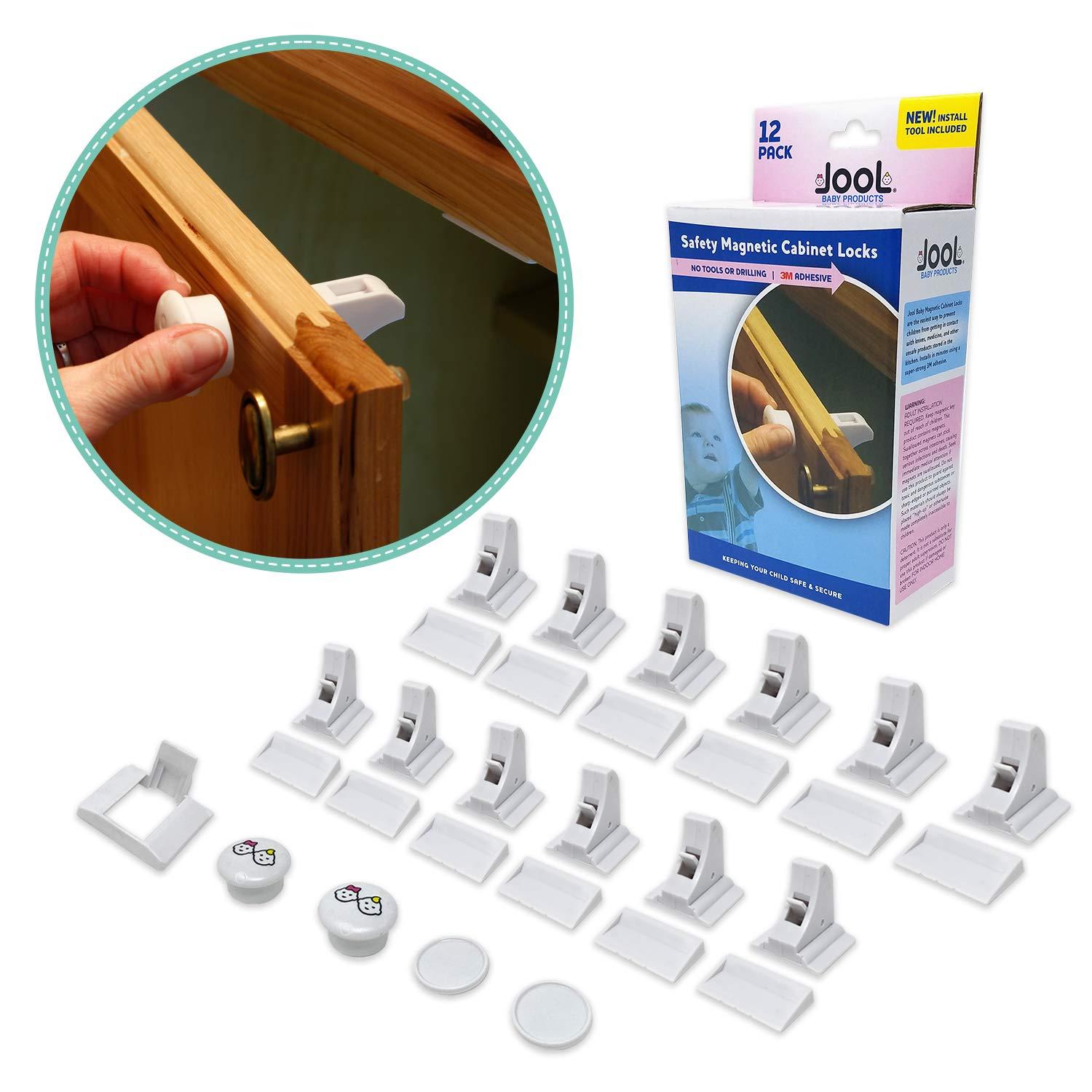Magnetic Cabinet & Drawer Locks Adhesives, No Tools/Screws, Easy Installation Tool, Child Proof, Jool Baby (12-Pack)