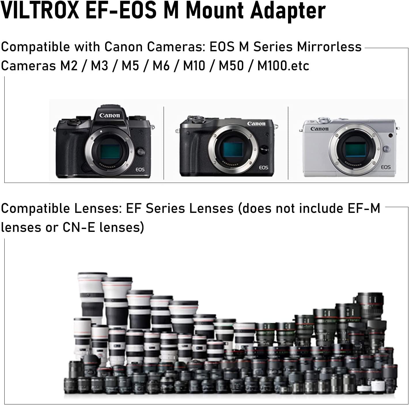 VILTROX EF-EOS M Lens Mount Auto Focus Compatible with Canon EF/EF-S Lens to Canon EOS M (EF-M Mount) Mirrorless Camera Body EOS M100 M50 M3 M10 M6 M5 to EOS