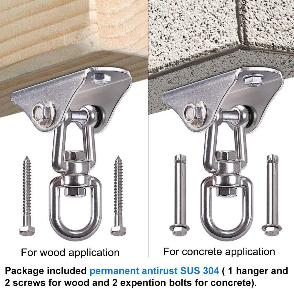SELEWARE Innovative 1000 lb Capacity Permanent Antirust SUS304 360 Rotate  Swing Hanger Suspension Hooks with Bolt for Concrete Wooden Sets Playground  Porch Indoor Outdoor Seat, Gym 1 Pack with scews for wood & concrete