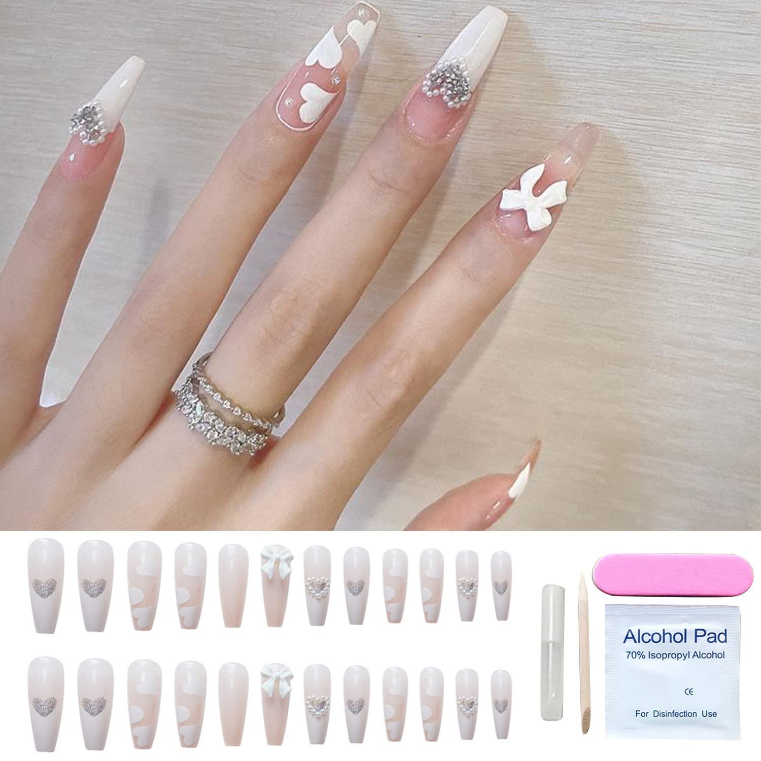 24pcs Ballerina False Nail Pink Butterfly Full Cover Nail with Shiny  Rhinestones for Daily Lives Everyday Use 