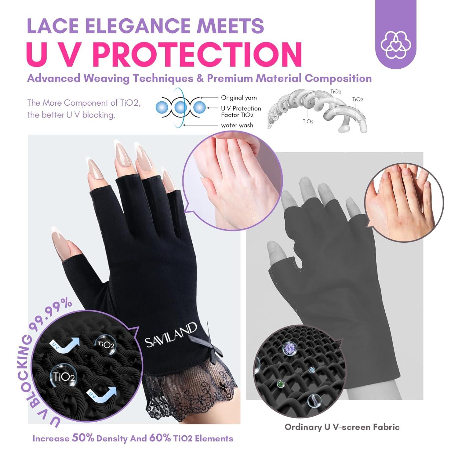Saviland U V Gloves for Gel Nails - 2 Pairs Lace UPF60+ High-tech