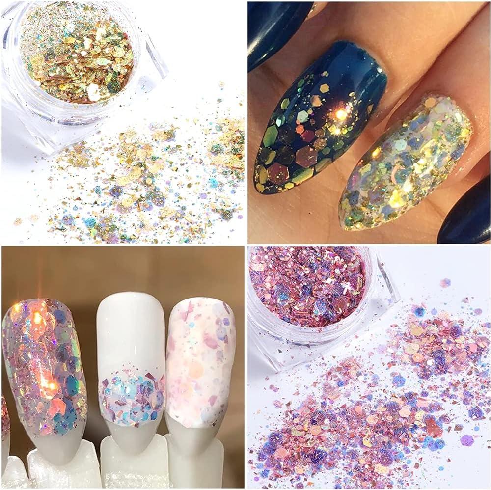  Gold Glitter Nail Art Decoration, Holographic 3D Sparkly Nail  Art Sequins, Mixed Glitter Nail Flakes Powder Foils Strips Designs for  Women Girls Manicure Charms Acrylic Supplies, DIY Resin Accessories : Beauty