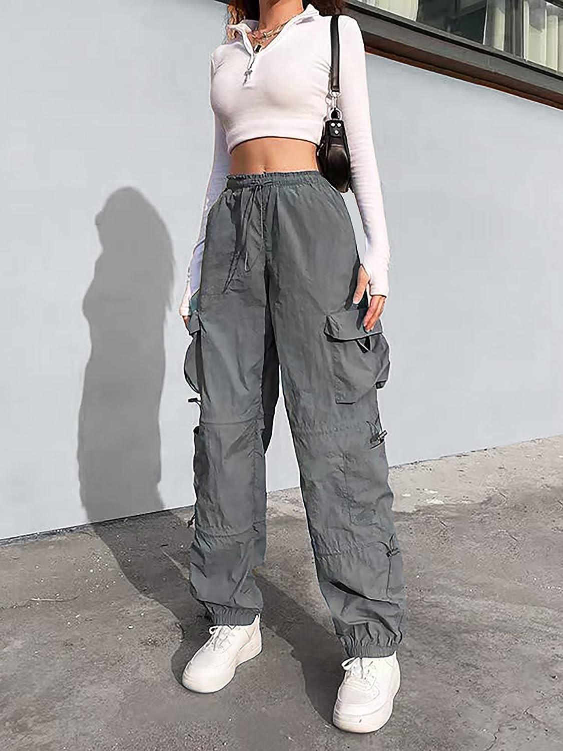 Women's Baggy Cargo Pants Drawstring Elastic Waist Ruched Hiking Pants  Parachute Pants for Women Hippie Lounge Pant A Grey Small
