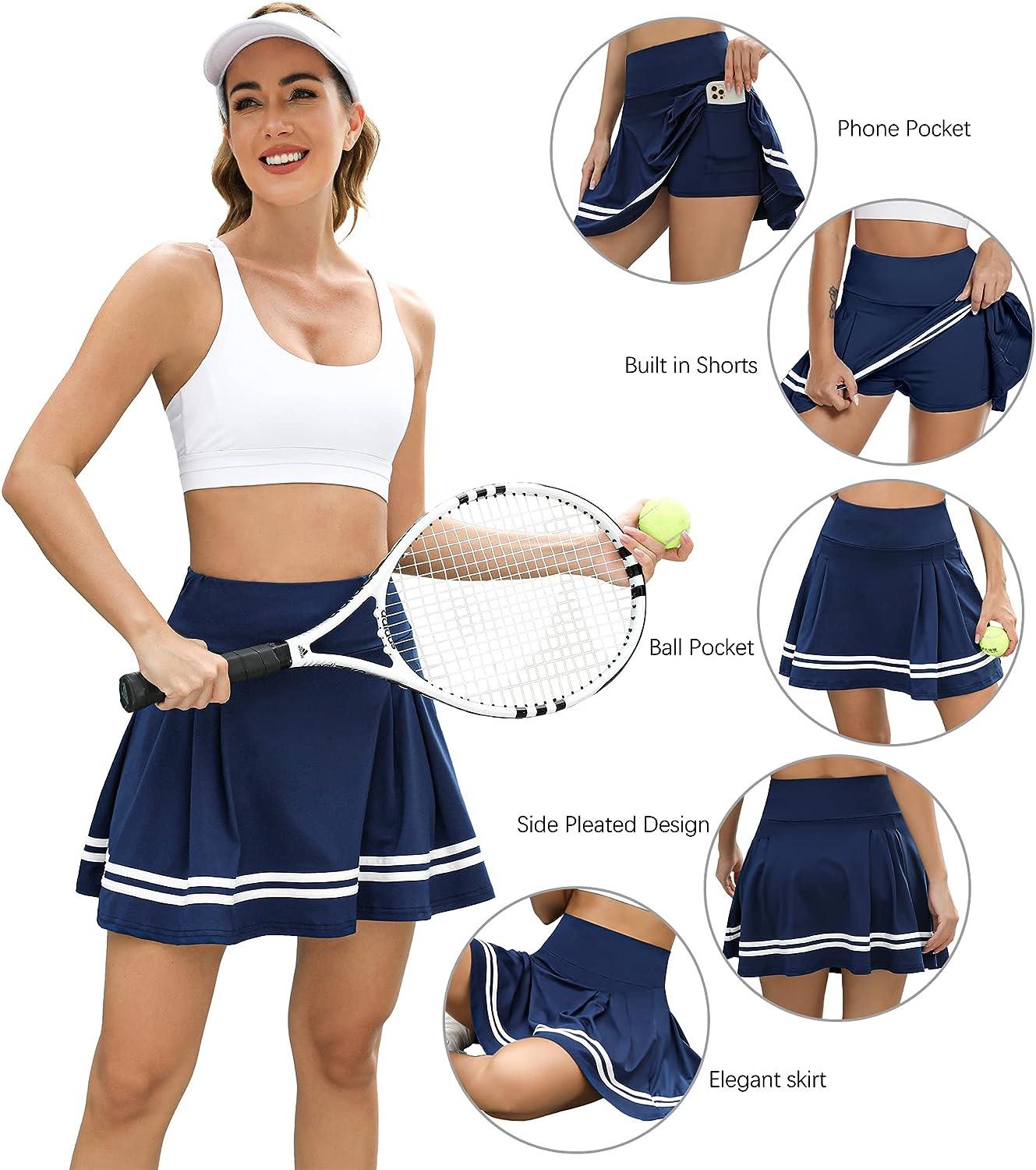  Pleated Tennis Skirt Womens Athletic Golf Skort Activewear  Built-in Shorts Sport Outfits Workout Running Mini Skirts Navy Blue
