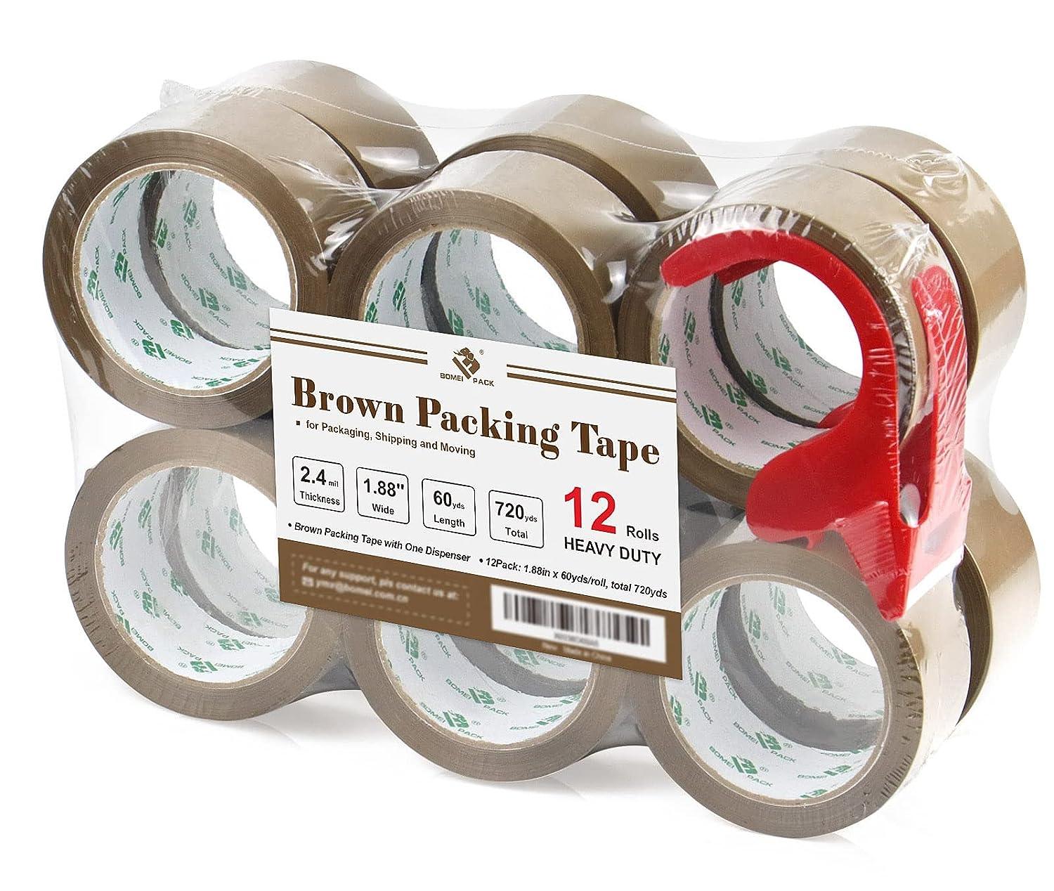 BOMEI PACK Heavy Duty Brown Packing Tape with Dispenser,3 Pack,2.4 Mil,1.88  Inch x 55 Yards,Brown Tape Refills for Industrial Shipping Box Packaging  Tape for Moving, Office & Storage 