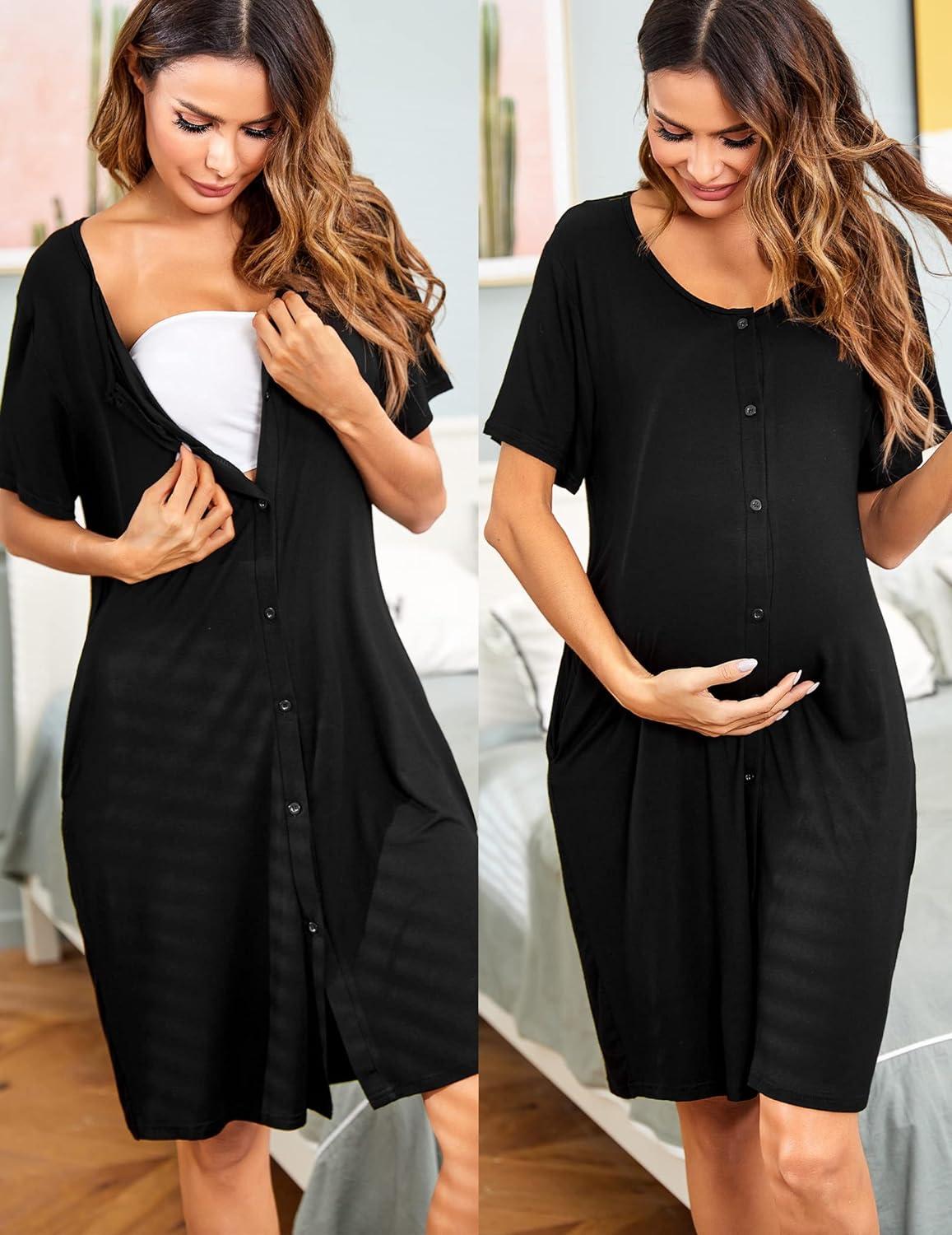 Ekouaer Nursing Long Nightgown Women's Short Sleeve Maternity Breastfeeding  Full Length Sleep Dress (Black S) at  Women's Clothing store