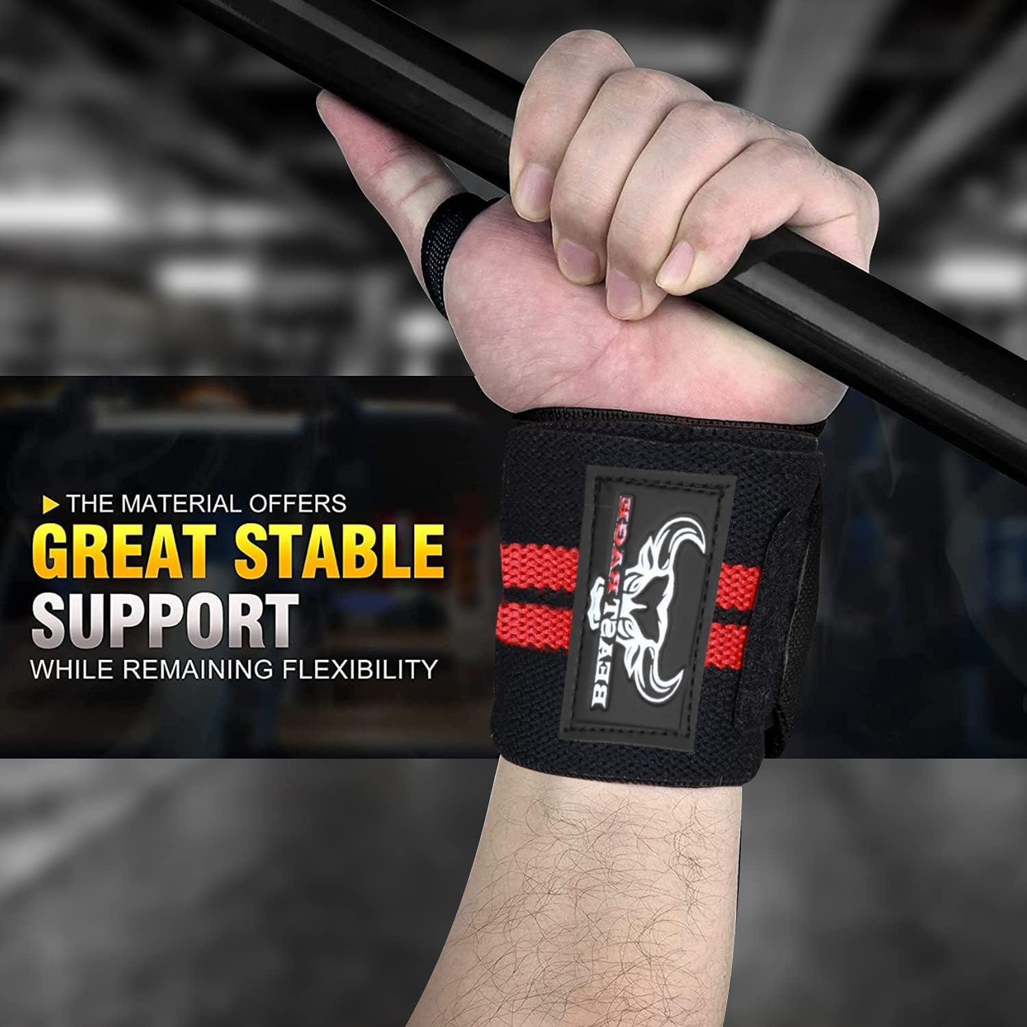 BEAST RAGE Weight Lifting Wrist Wraps Muscle Building Performance Fitness  Training Gym Straps Thumb Loop Support Stretchable Cotton Bandage Brace  Training Cuff RED / BLACK