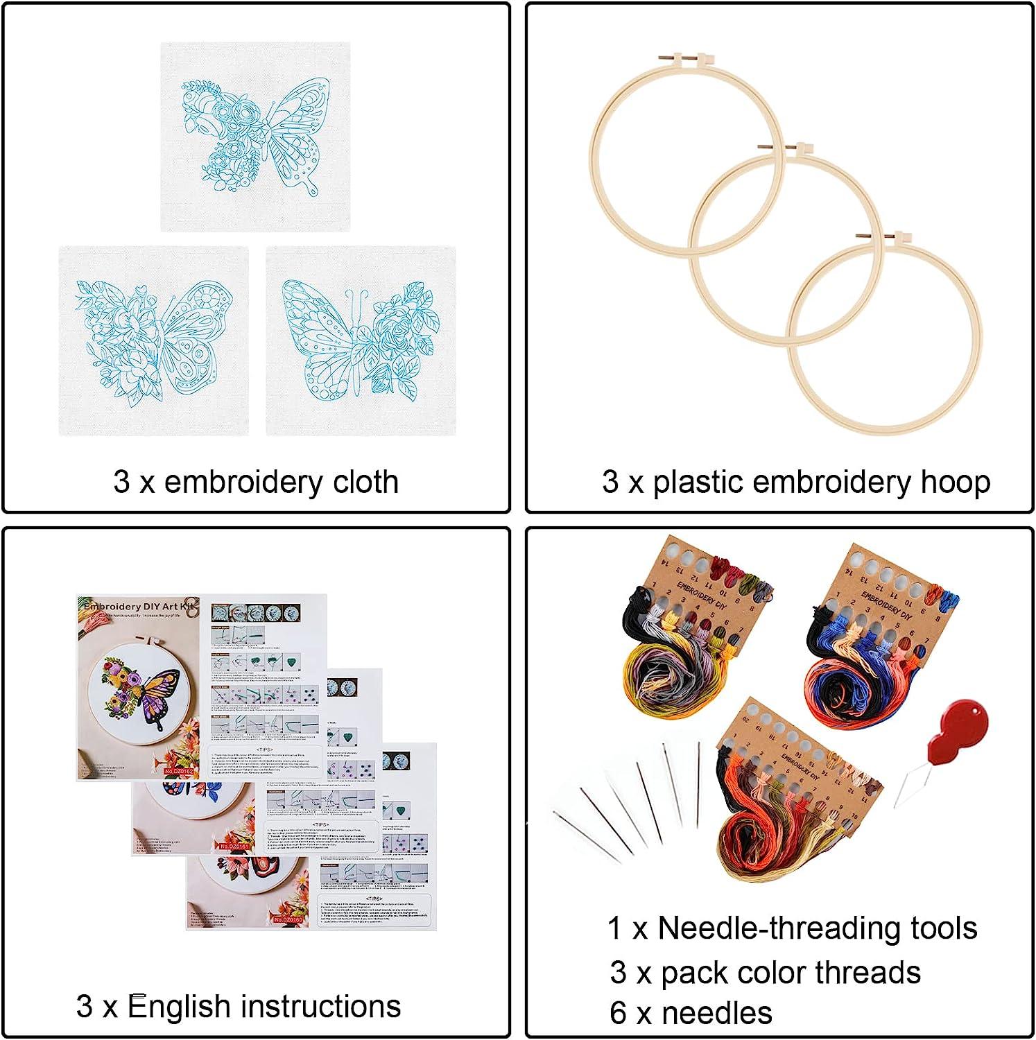 3 Pack Embroidery Starter Kit With Pattern and Instructions Cross Stitch Set  With 3 Embroidery Patterns & 1 Embroidery Hoop Hoop Art 