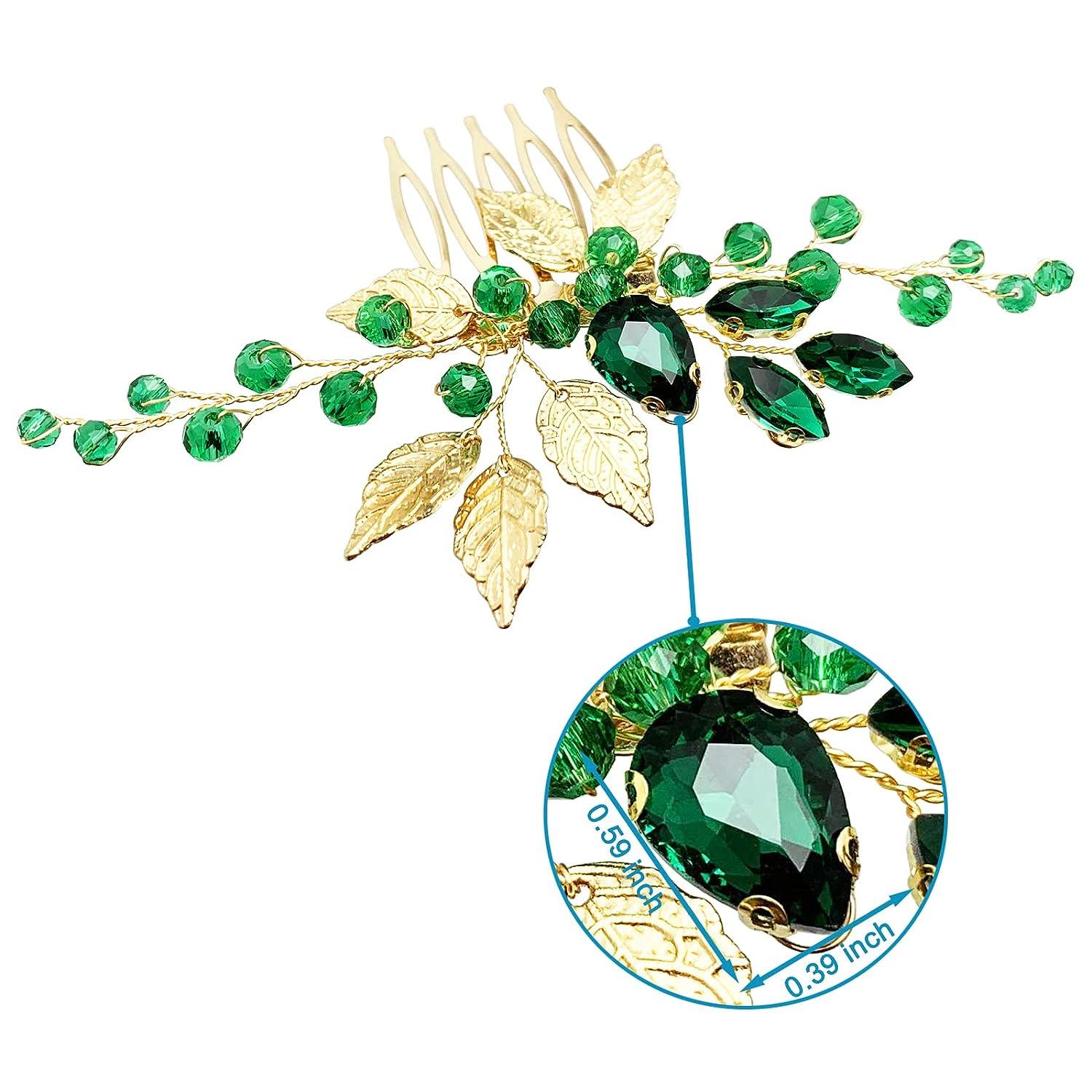 BETITETO Bridal Hair Comb Emerald Green Crystal Gold Leaf Vine Hair Piece  Accessories for Wedding Bride Women Party (Emerald Green)