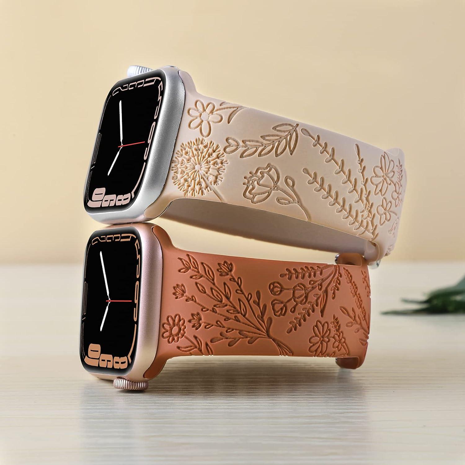 Flower Engraved Silicone Band Compatible with Apple Watch Bands 38mm 40mm  41mm, Cute Women Wildflowers Floral Design Soft Sport Strap Replacement