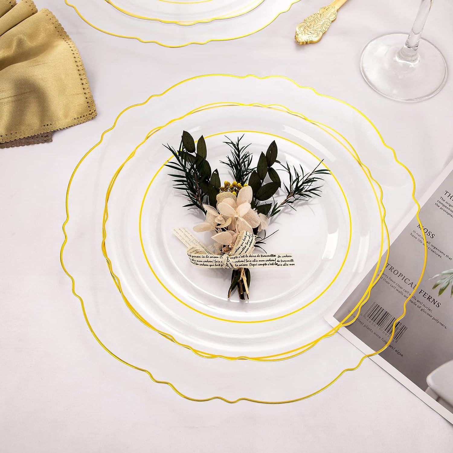 10 Disposable Fancy White Plastic Dinner Plates Gold Spring
