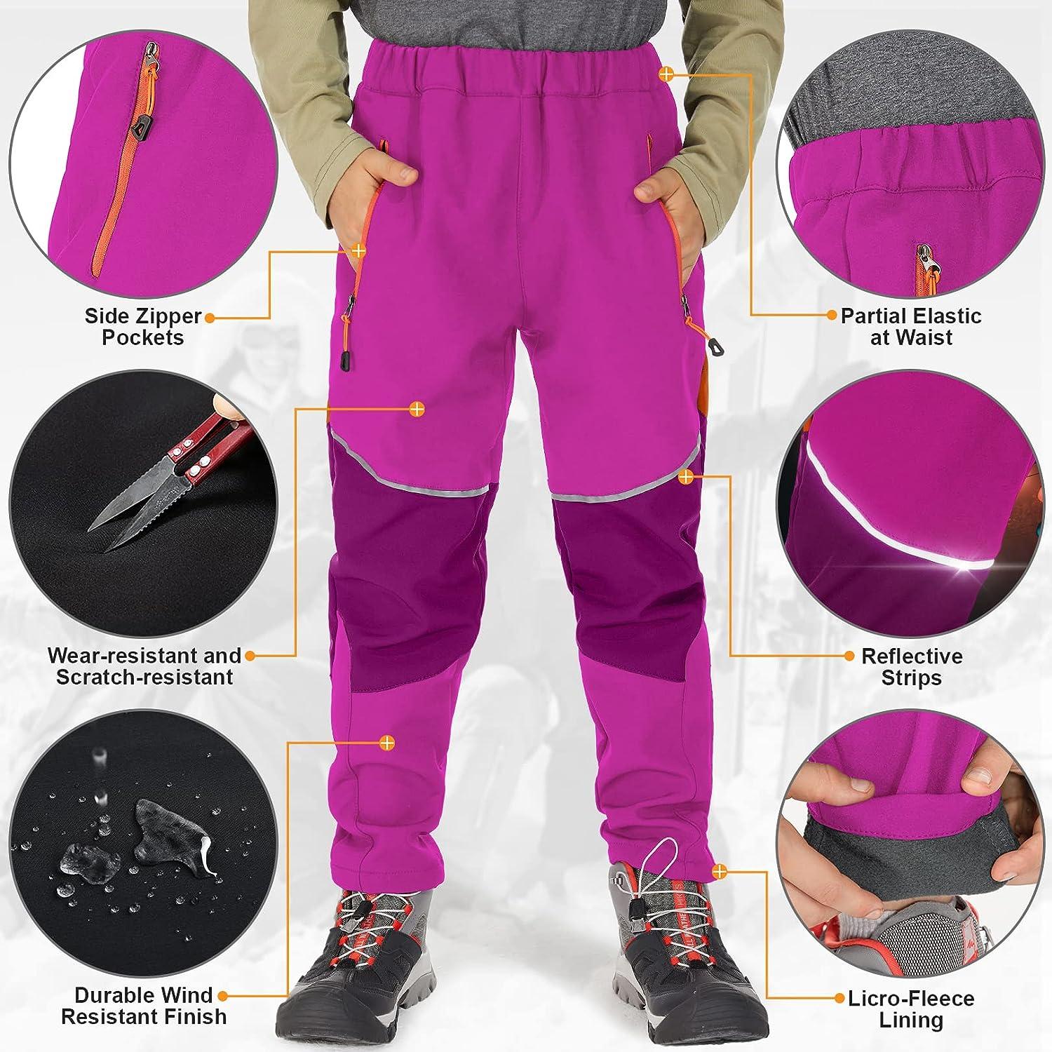 Toomett Boys Snow Waterproof Hiking Pants,Girls Kids ski Outdoor  Fleece-Lined Soft Shell Insulated Winter Pants 1510,Rose-XL(14-16 Years)