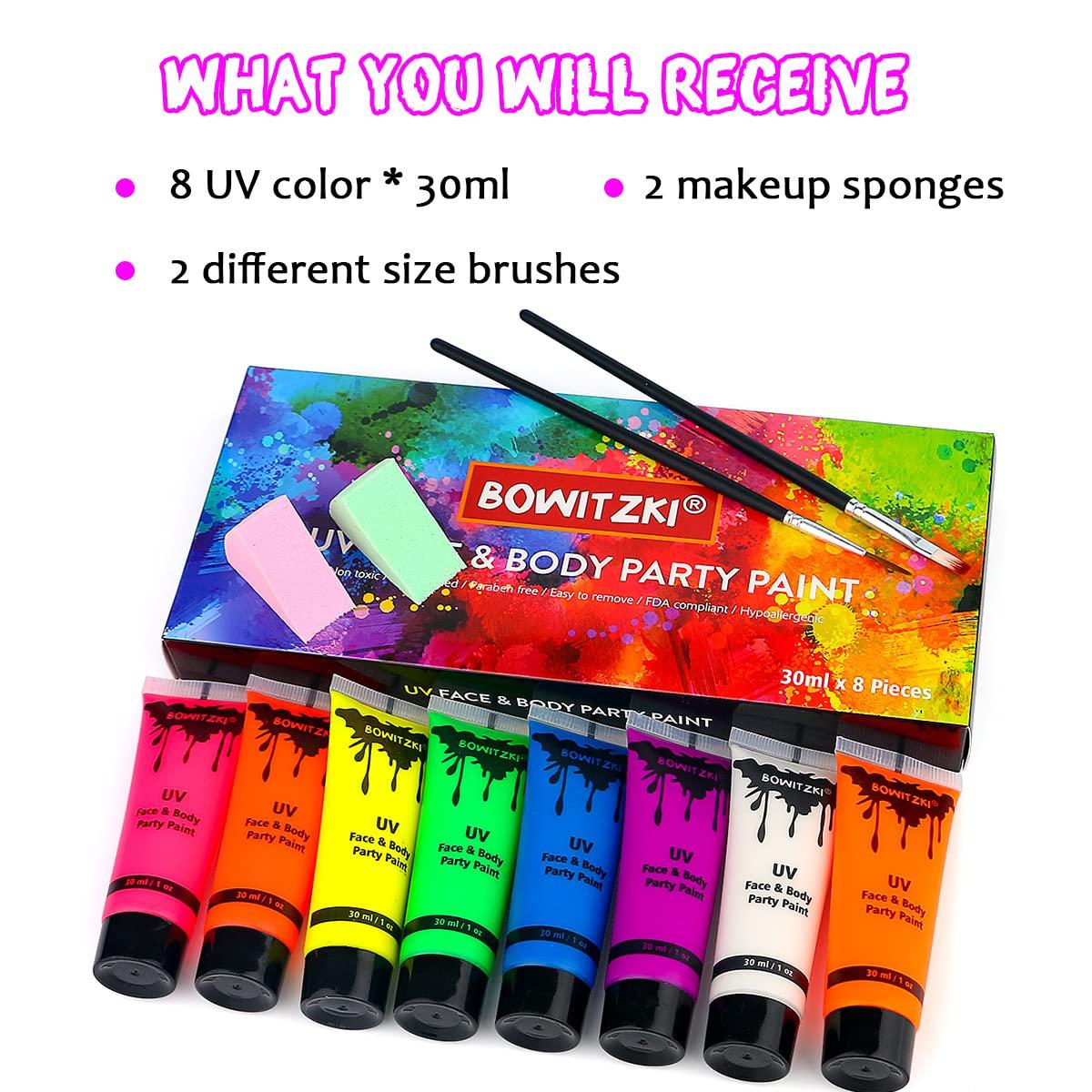 Bowitzki UV Neon Face and Body Paint 8 x 30ml (1.02OZ) Largest Kit Black  Light Glow in the Dark Makeup Set Fluorescent Face Painting for Adults Kids  Music Festivals Party Halloween Christmas
