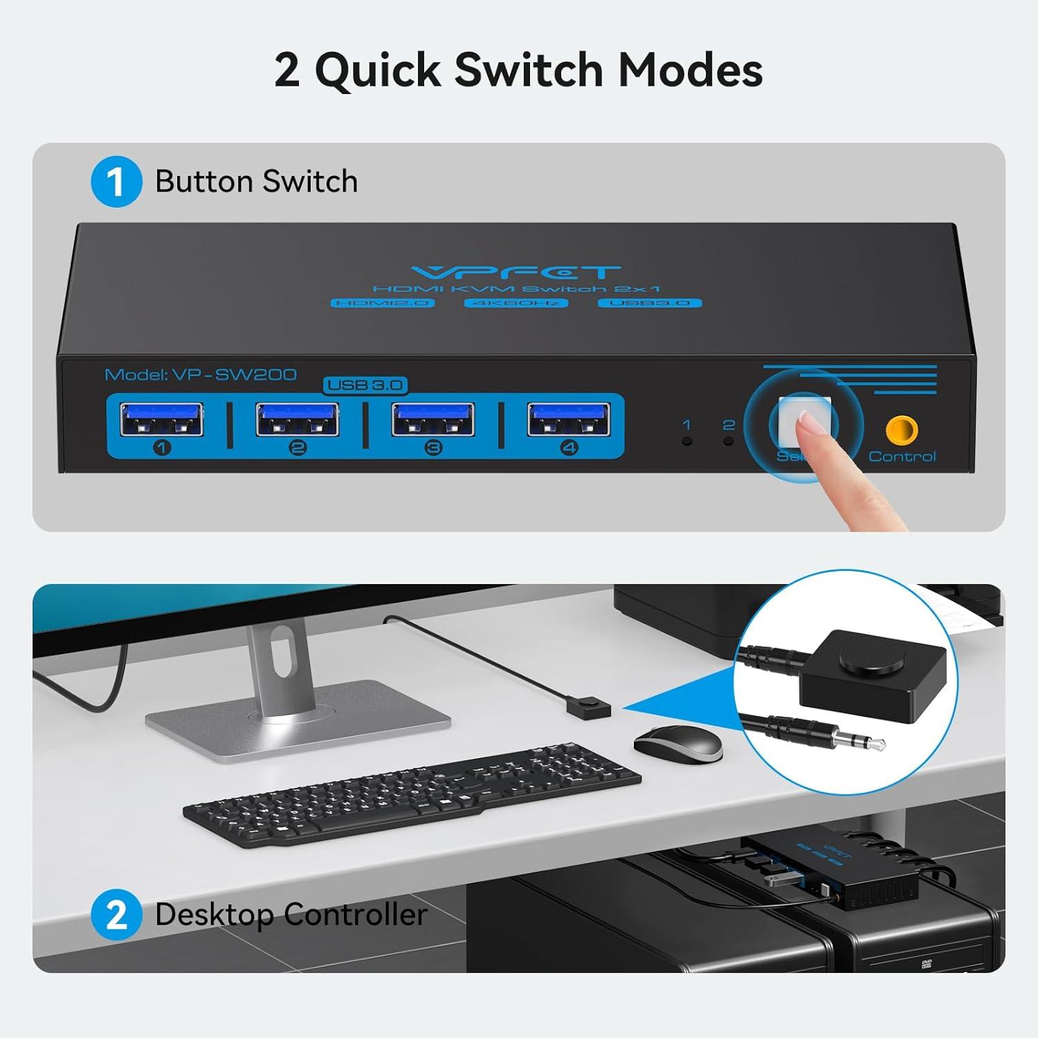  USB 3.0 Switch 2 Computers Share 4-Port USB3.1 USB3.0 - Select  2 PC by One Panel Button, 4 USB Peripheral Hub for Mouse Keyboard Printer  PC, Mac Windows Linux, 2pc USB-A
