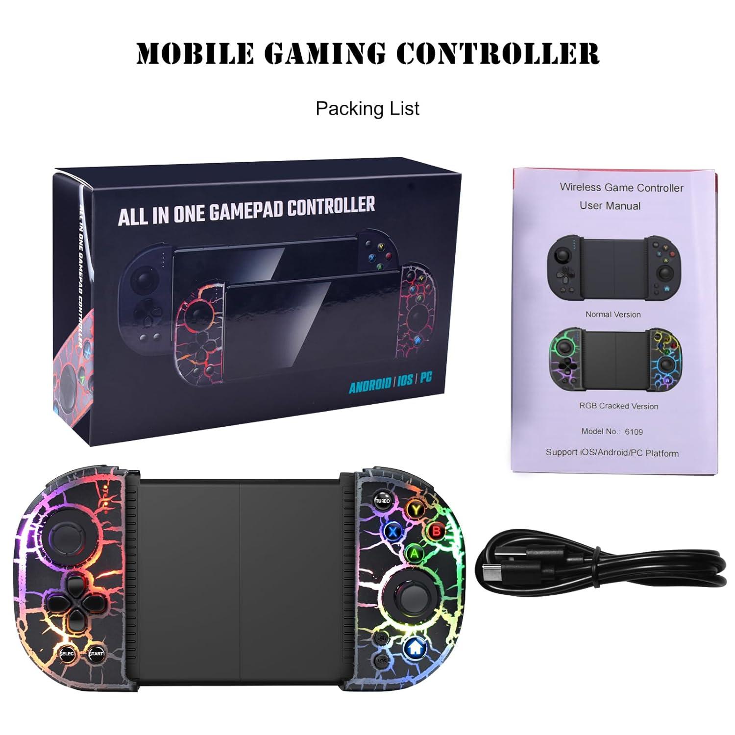 RGB Cracked Gaming Controller for iPhone Android PC iOS Wireless Gamepad  Joystick for iPhone 15/14/13/12/X iPad Galaxy S23/S22/S21 TCL LG Tablet  Turbo 18 Color LED Call of duty Direct Play